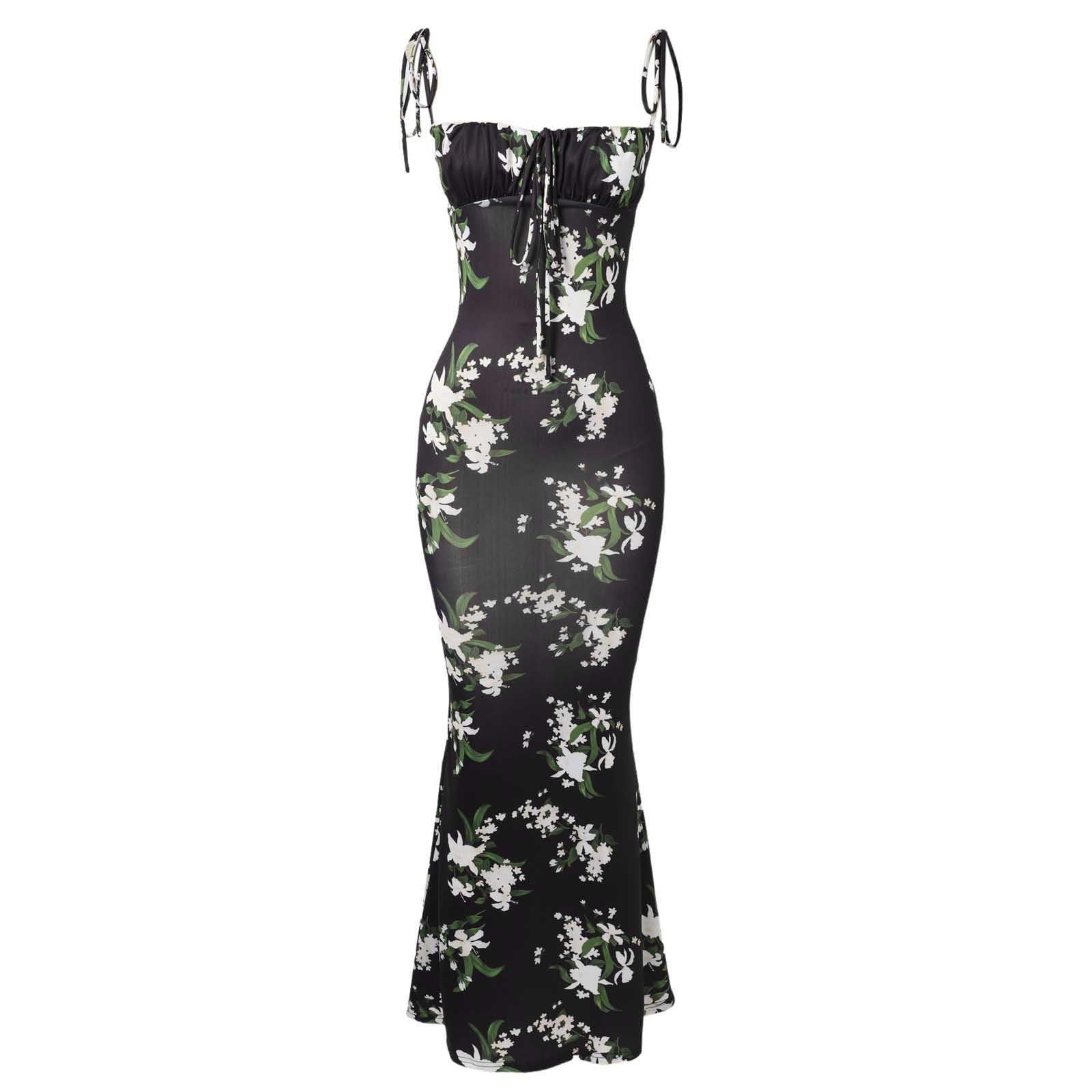 2026 Jupe Longue Moulante à Fleurs pour Femme Fines Bretelles sans Manches Style bohème Parfait pour Tenue de soirée décontractée