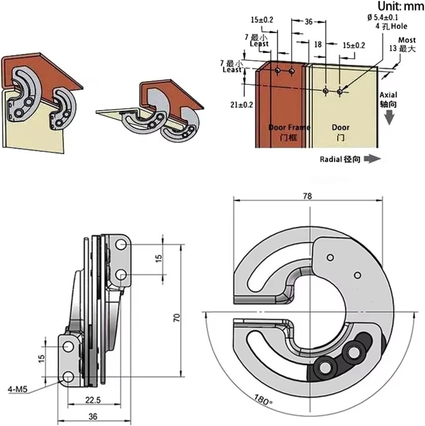 Stainless Steel 180 Degree Hidden Fan-Shaped Sliding Rotating Door Hinge Industrial Machinery Electrical 1Pcs