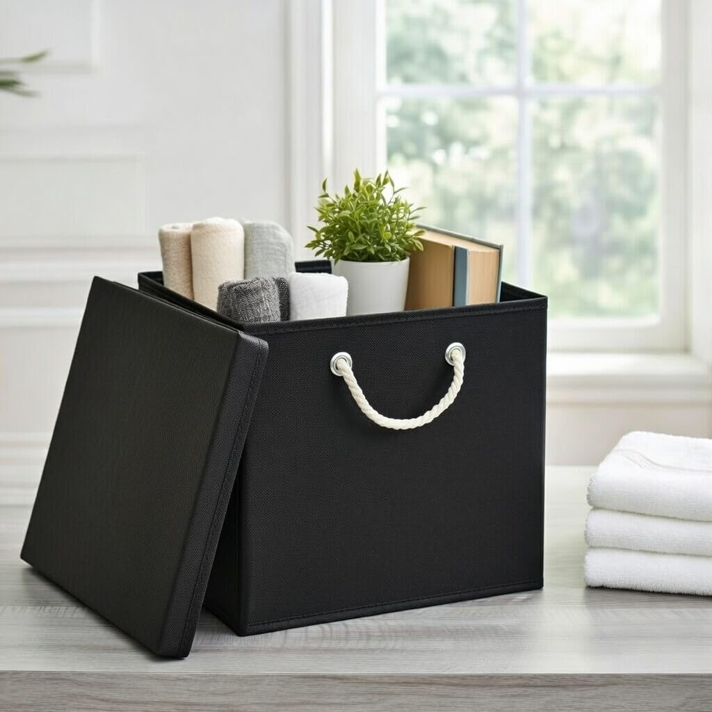 4er Set Schwarz Faltbox 30 x 30 x 30 cm Aufbewahrungsbox faltbar mit Kordel und mit Deckel