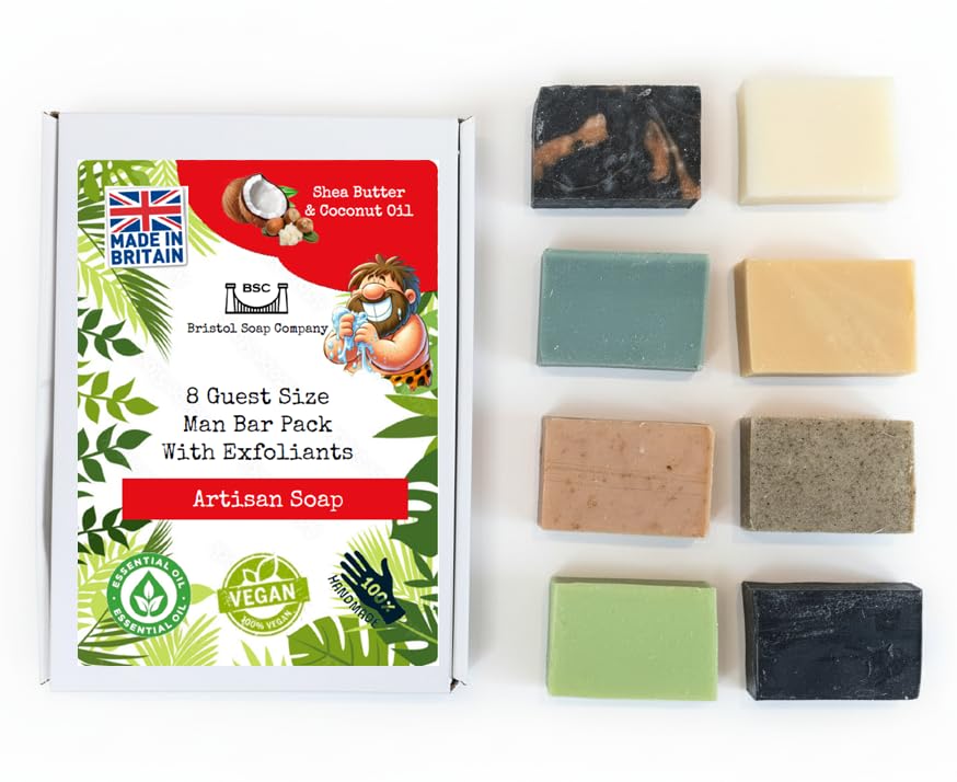 Bristol Soap Company Artisan Soap Guest Size Man Bar Pack 8 Handmade Masculine Soaps with Exfoliants Shea Butter & Coconut Oil Cruelty-Free & Vegan Gift Set (8 x 30g)