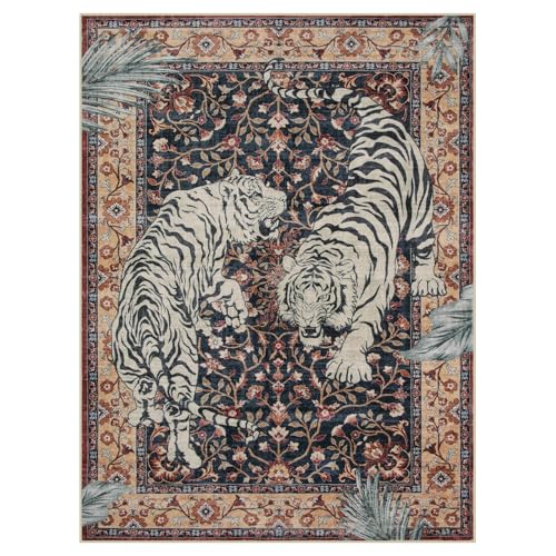 Moynesa Tiger Washable Area Rug, 9x12 Living Room Rug, Vintage Non Slip Large Rug for Dining Room, Ultra Thin Boho Soft Stain Resistant Indoor Carpet for Bedroom Guest Room, Puce Red