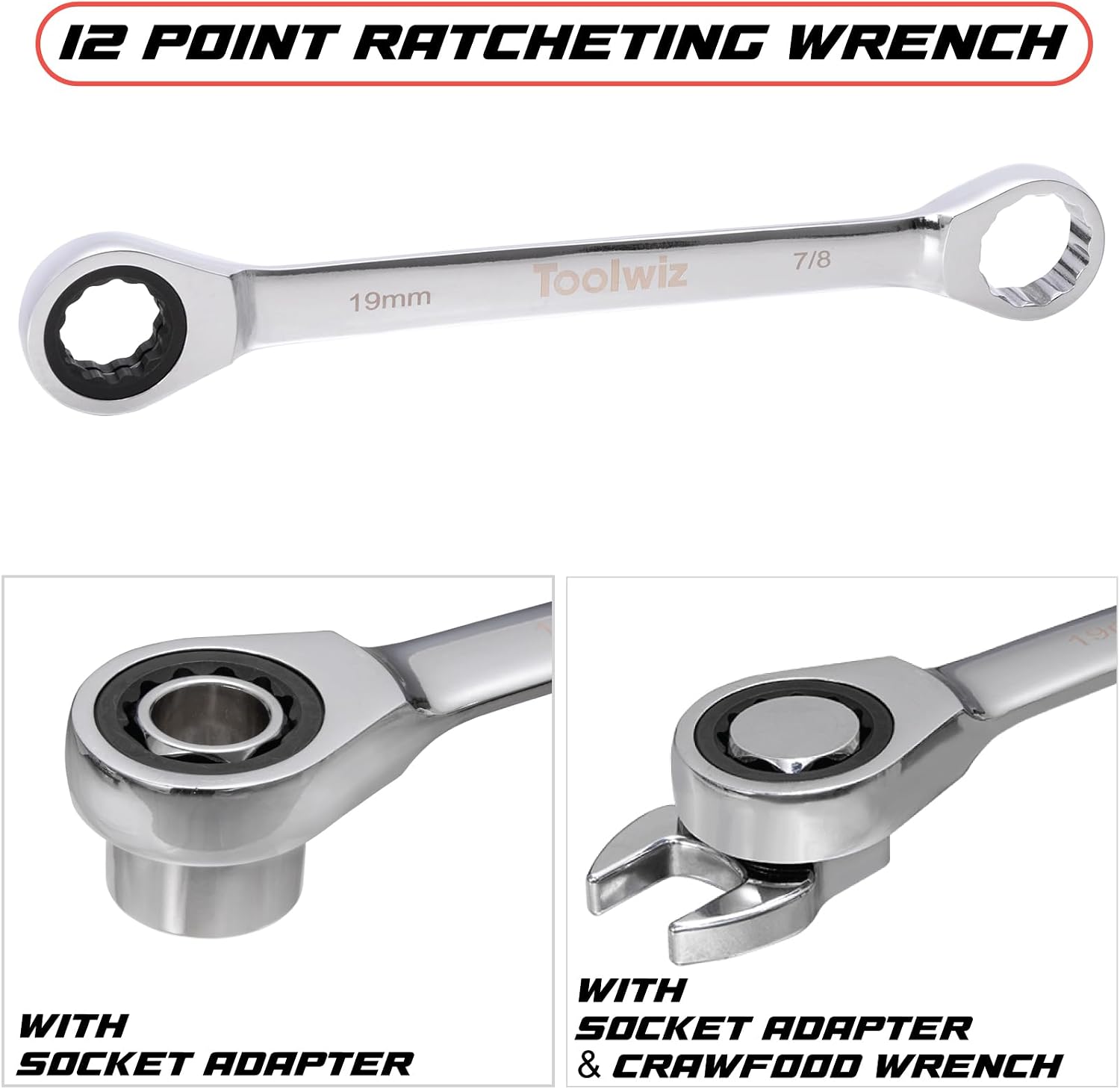 Toolwiz Serpentine Belt Tool Kit, Serpentine Belt Tensioner Tool Removal and Installation with Ratcheting Wrench, Socket Adapters, 6-Point Sockets, Crowfoot Wrenches, Extension Bar