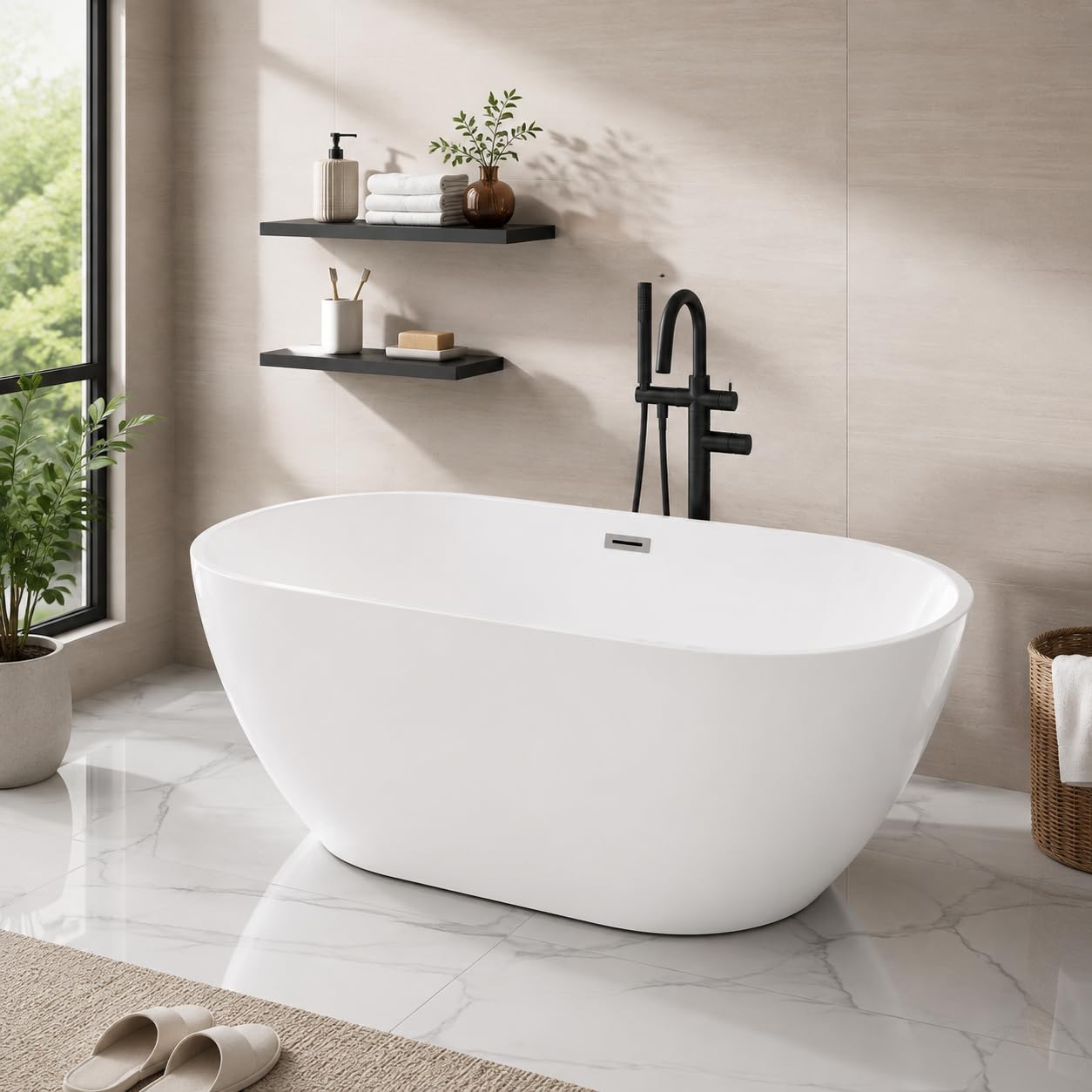 59 Inch Acrylic Freestanding Bathtub, Acrylic Soaking Bathtub with Matte Drain and Overflow, Deep Ergonomic Tub with Double-Walled Insulation, CUPC Certified, Modern Square Design