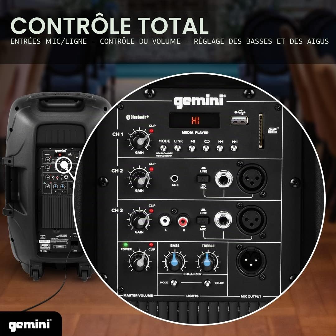 Gemini Sound Sound AS-2115BT-PK Party Bluetooth 15 Woofer 2000W Système Actif PA DJ Bluetooth Haut-parleurs avec Support de Haut-parleur, Microphone / Carte SD USB, entrées XLR avec poignées, TWS