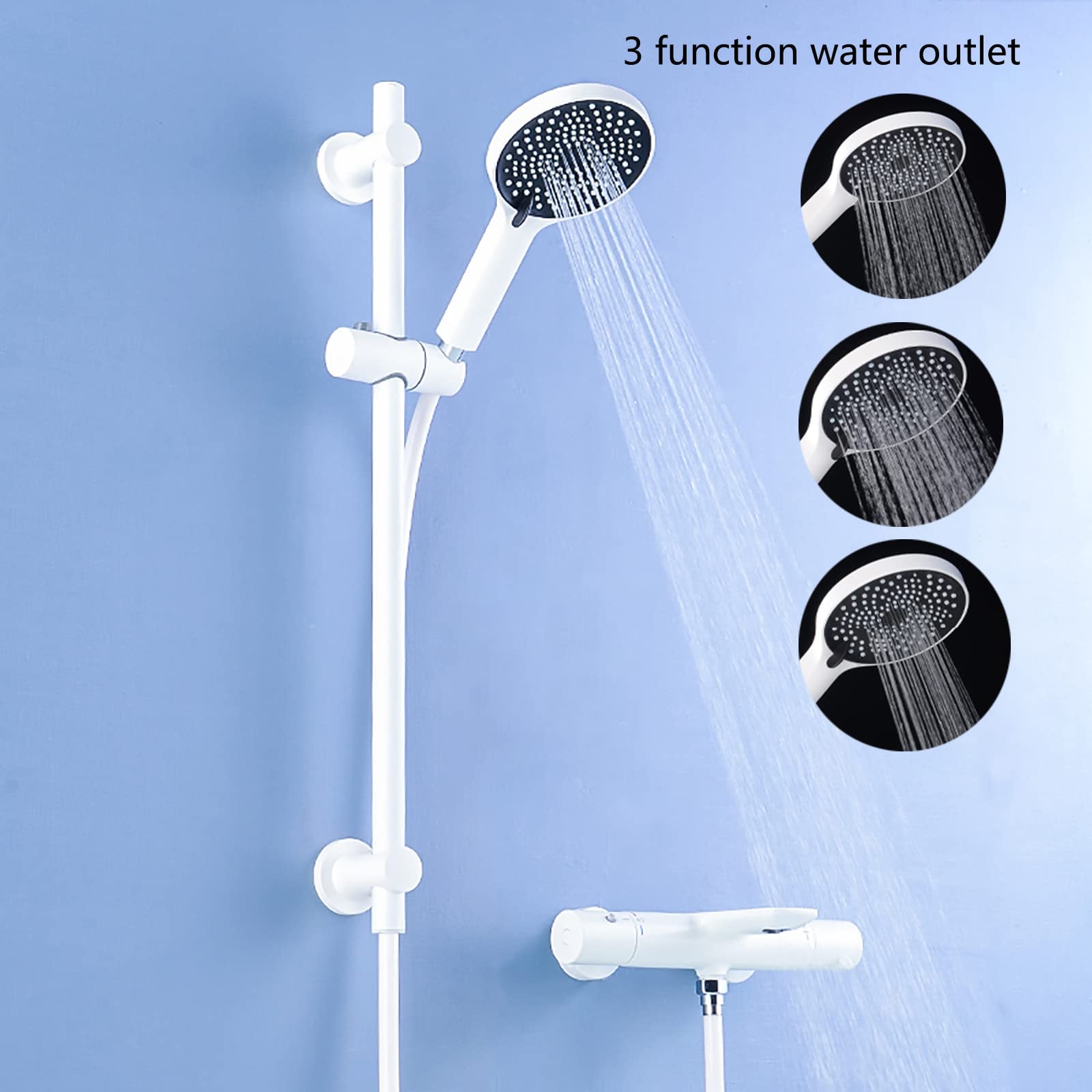 Termostatico Rubinetto per Vasca da Bagno con 3 Funzioni Doccetta, Bianco Rubinetto Miscelatore Vasca da Bagno Ottone Montaggio a Parete Rubinetto Vasca con Asta di Sollevamento