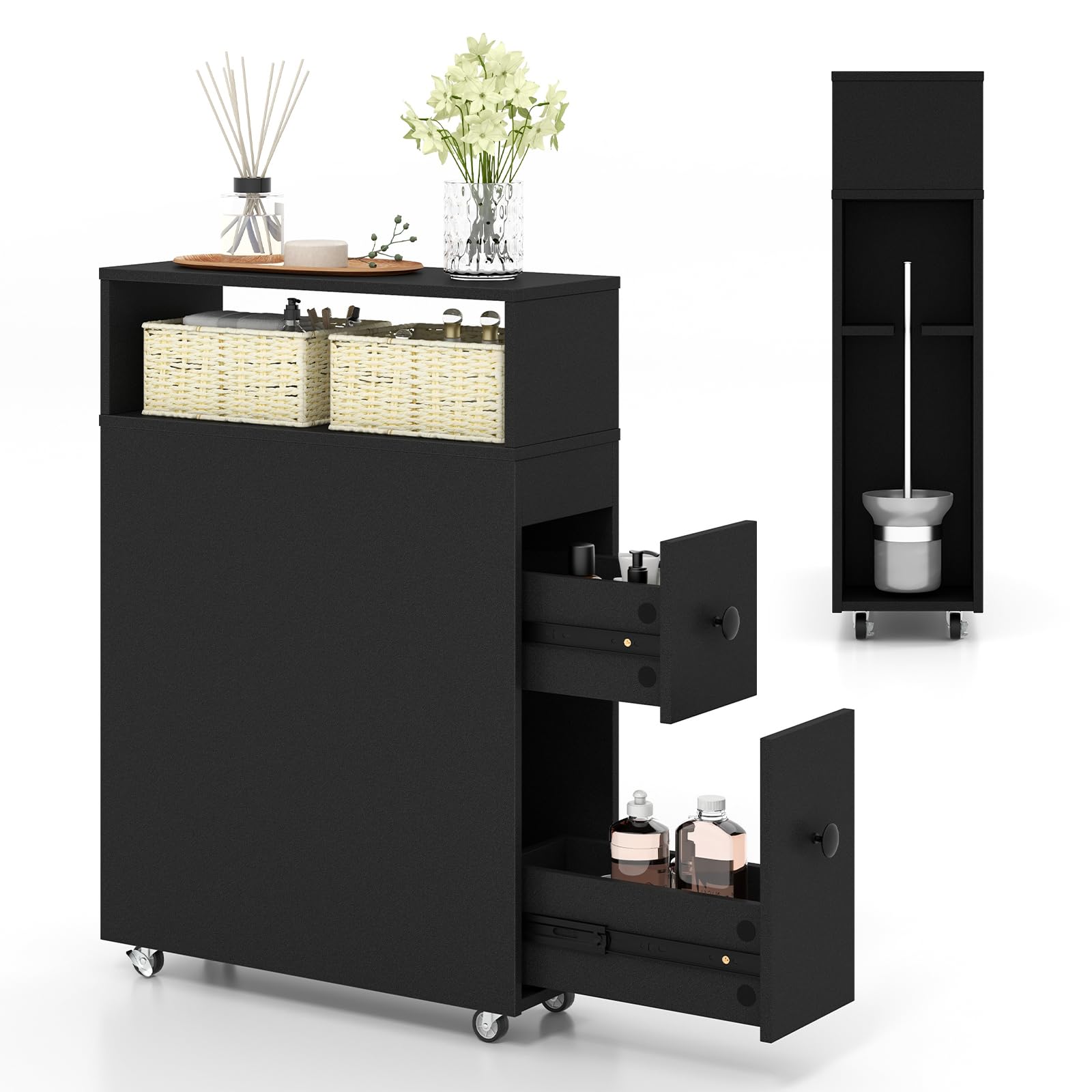 COSTWAY Mobile Bagno 50 x 19 x 72 cm, Arredo Salvaspazio con 2 Cassetti, 2 Cesti in Rattan, Ruote e Ripiani, Armadietto Stretto per Spazi Ridotti, Salotto e Cucina (Nero)