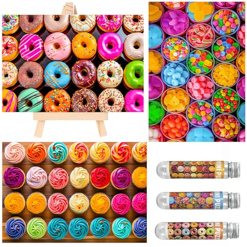 Puzzles pequeños para adultos 150 piezas Vintage Caramelos Cupcake Donut Mini Rompecabezas 6 x 4 pulgadas, 3 piezas, caballete mini incluido miniatura 1