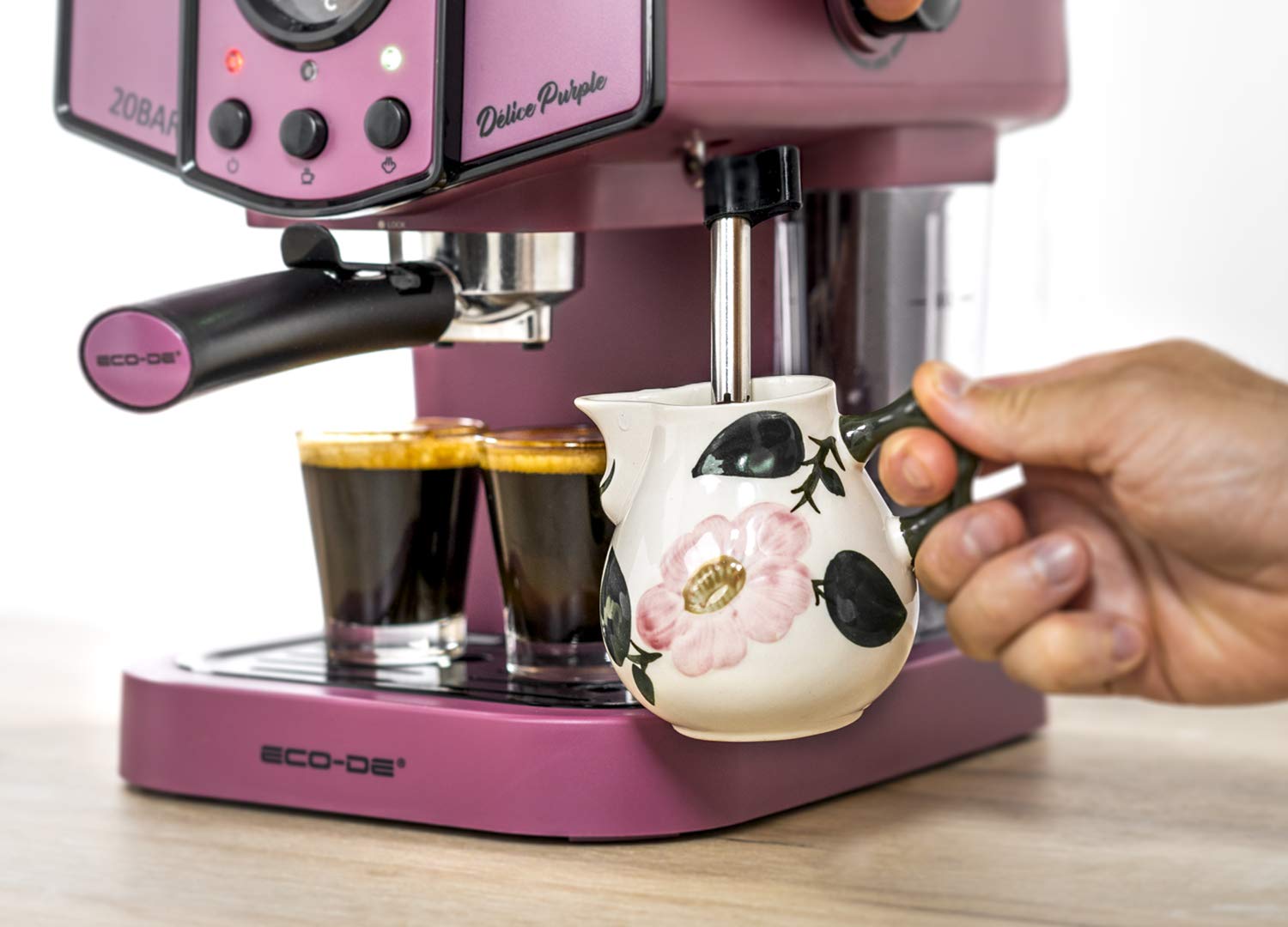 ECODE® Cafetera Express con 20 Bares de Presión y 1050 W, Vaporizador, Deposito de 1.5L, Calientatazas, Termometro, Brazo Doble Salida, Dosificador con Prensador, Mono/Doble dosis - Delice Purple