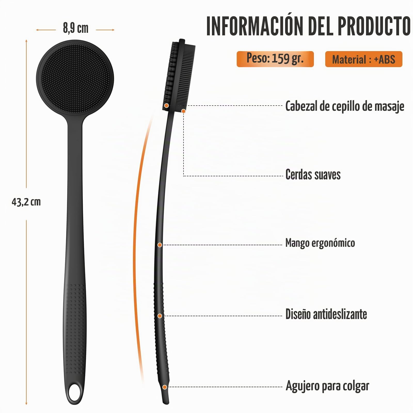Limpiador de espalda de silicona, mango antideslizante extendido de 17 pulgadas, cepillo para el cuerpo, mango largo para ducha, cepillo de ducha de doble cara, arandela trasera para limpieza y