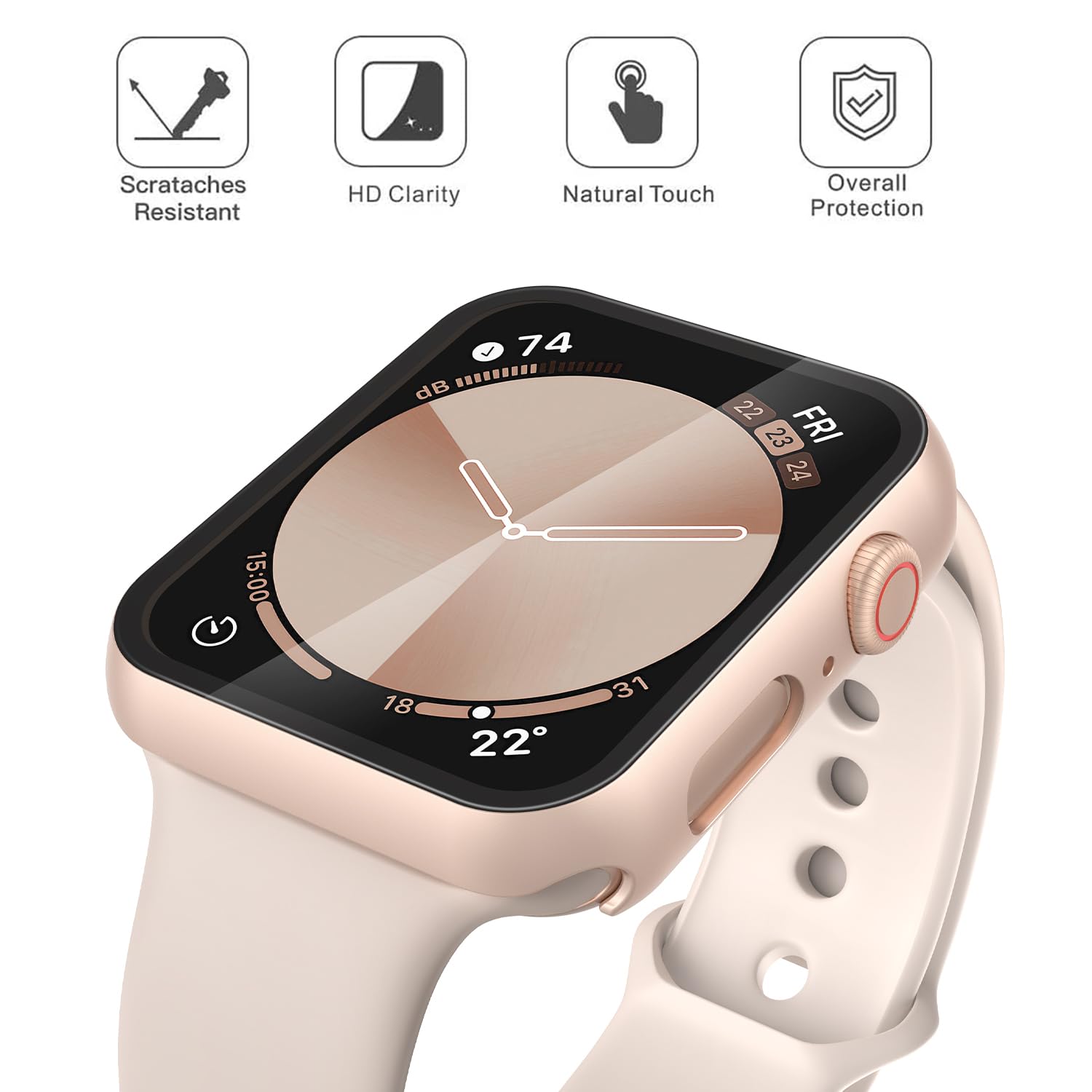 Misxi Schutzhülle aus gehärtetem Glas, kompatibel mit Apple Watch SE 2 (2024), SE Serie 6, Serie 5, Serie 4, 40 mm, harter PC-Displayschutz, ultradünne Abdeckung für iWatch, 2 Stück, 1 Roségold + 1