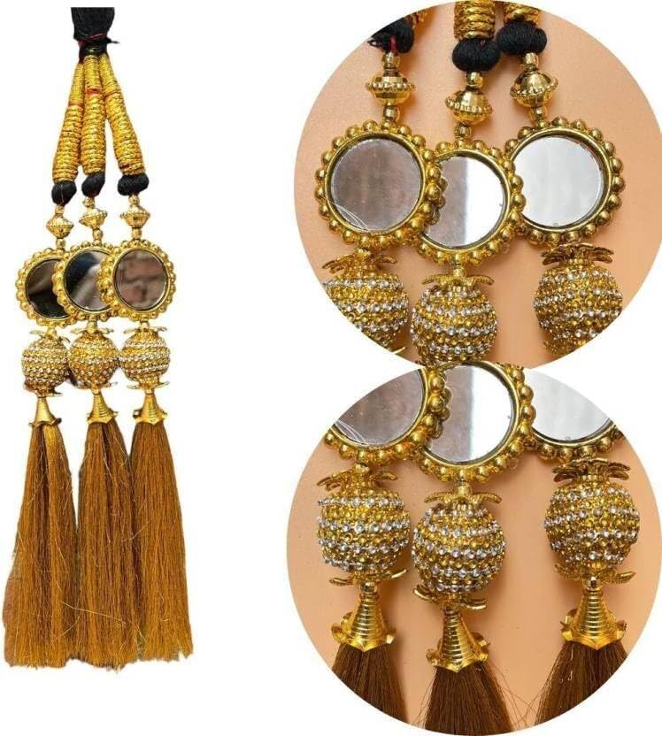 Image of Paranda Gold Mirror Paranda, Traditional Punjabi Hair Accessory with Tassels Handcrafted Bridal Hair Traditional Punjabi Paranda for Women & Girls Handmade Hair Accessory for Parties & Festivals