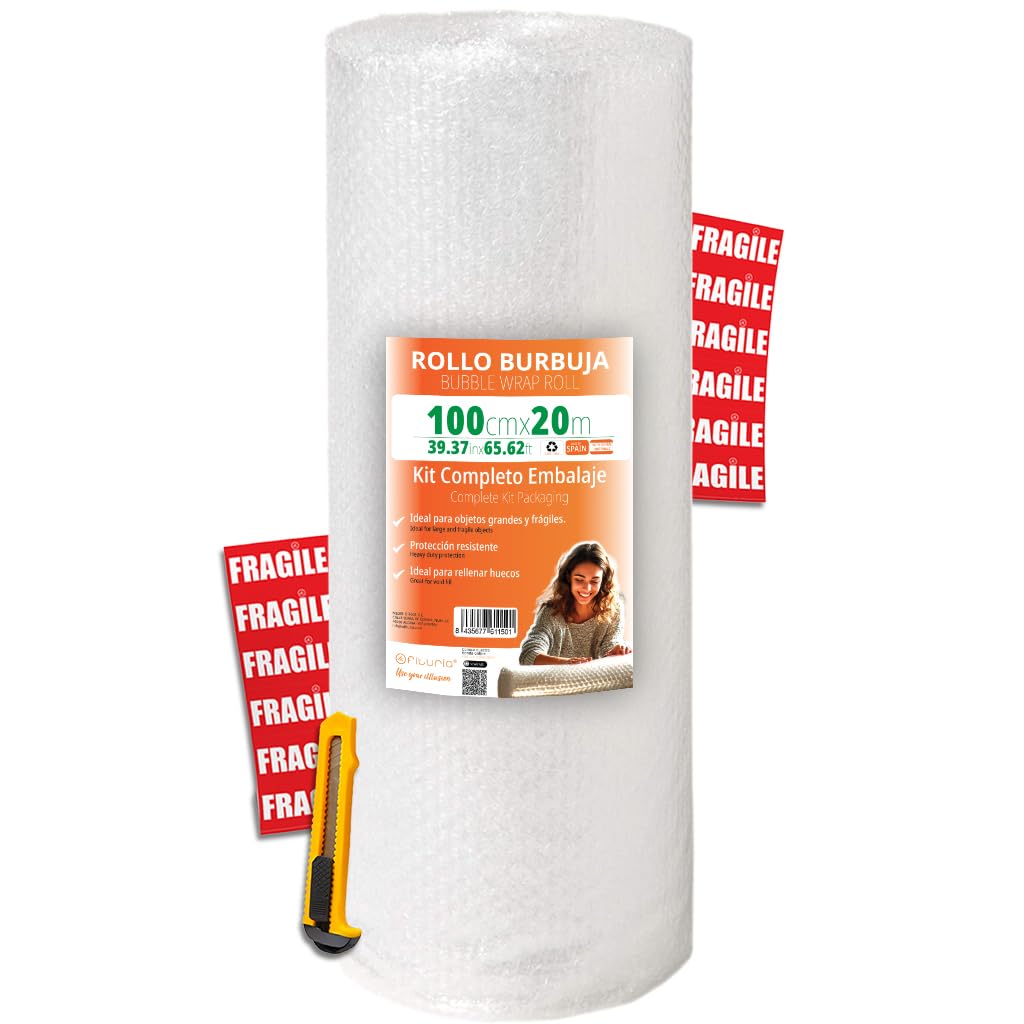 OFITURIA Rotolo Pluriball 100cm – Kit Imballaggio Completo con film a bolle d’aria flessibile – ideale per carta per imballaggio, trasloco, protezione spedizioni
