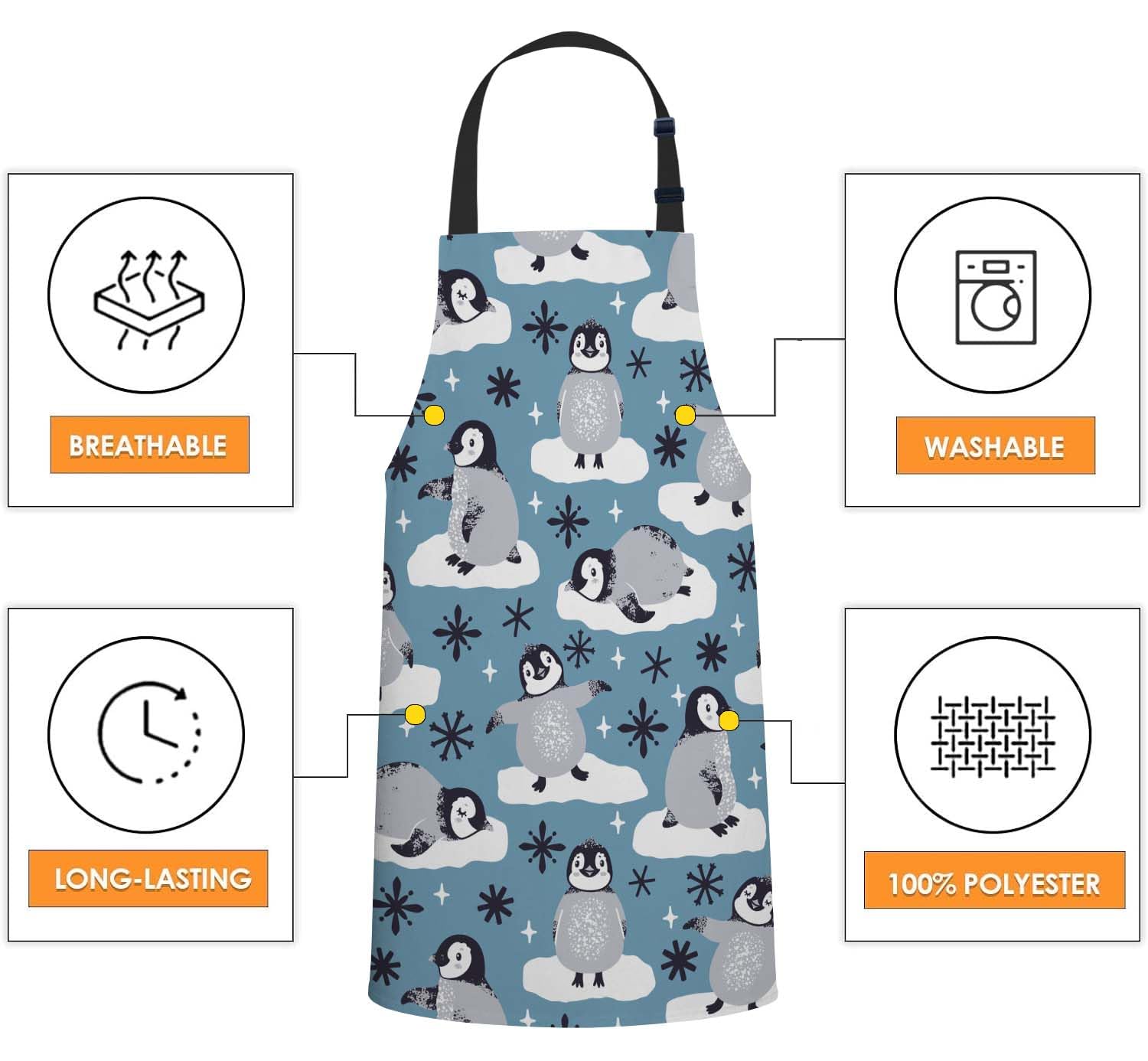 Smooffly Cute Penguins and Snowflakes Apron, Adjustable Neck Bib Apron for Men and Women Suitable for Kitchen Cooking, Waitress, Chef - Image 4