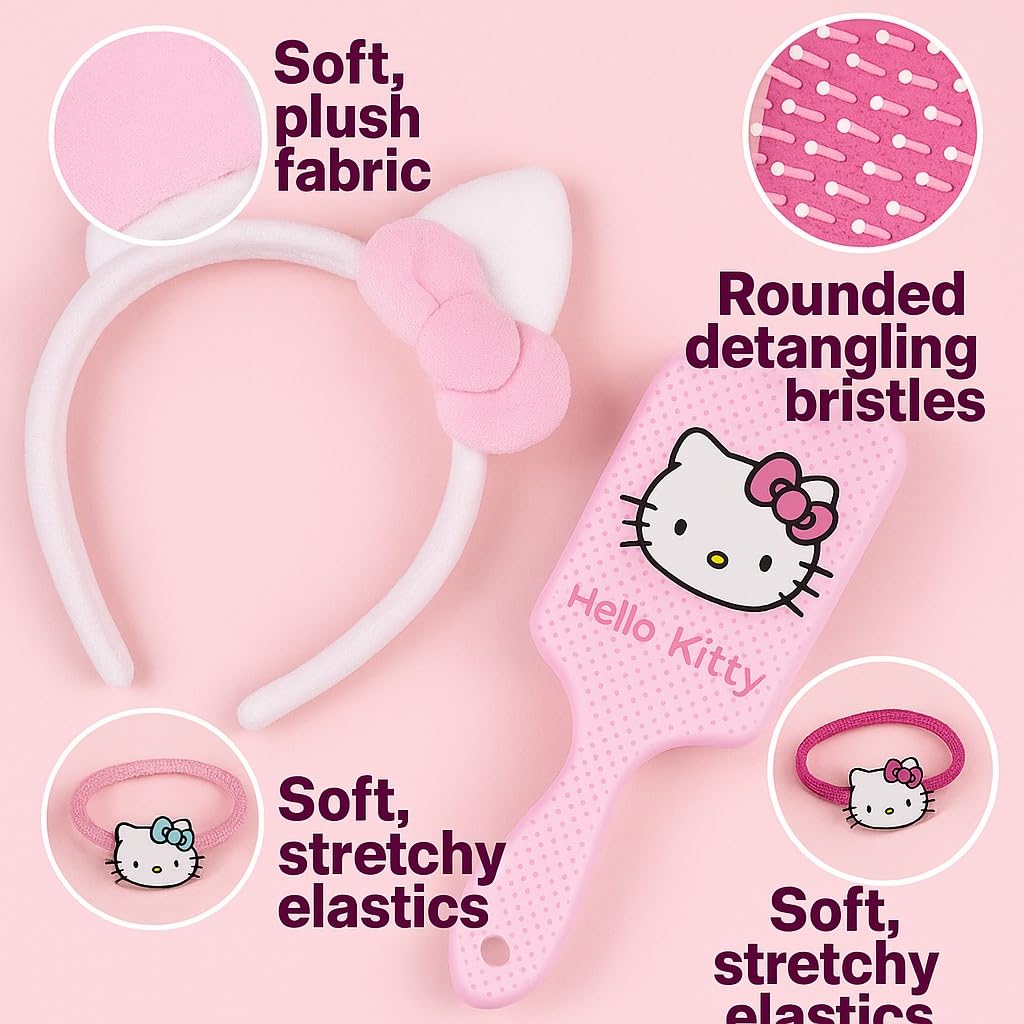 Hello Kitty - Hair Accessory Set (8 Pieces: Brush, Headband, Clips, Elastics) - Girl Gift Box, Pink - Image 4