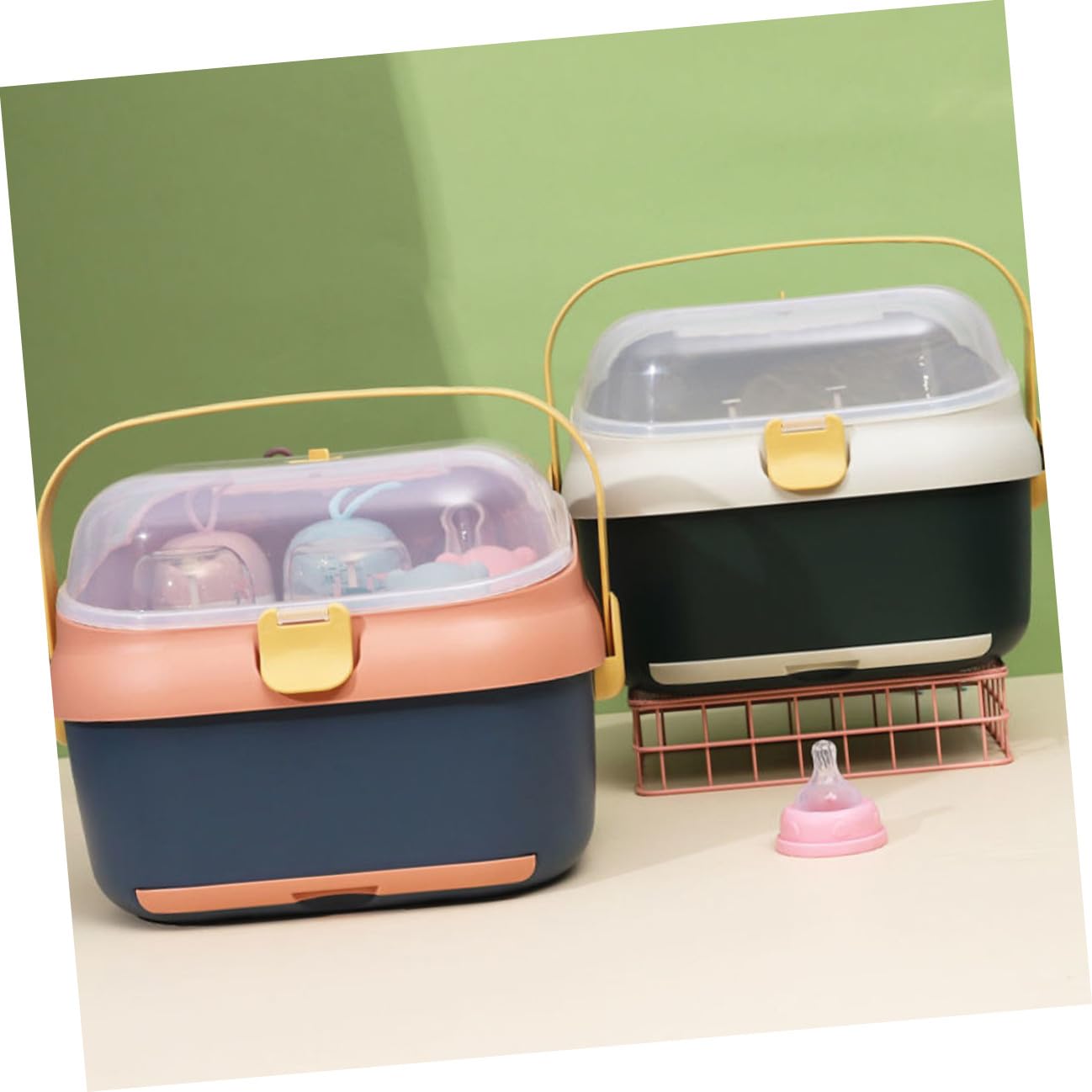 HEMOTON Babyflaschen aufbewahrungsbox Groß mit Deckel Staubdicht Babyflaschen trockengestell mit Ablage für Babytassen und Milchflaschen Küchenorganizer Grün weiß