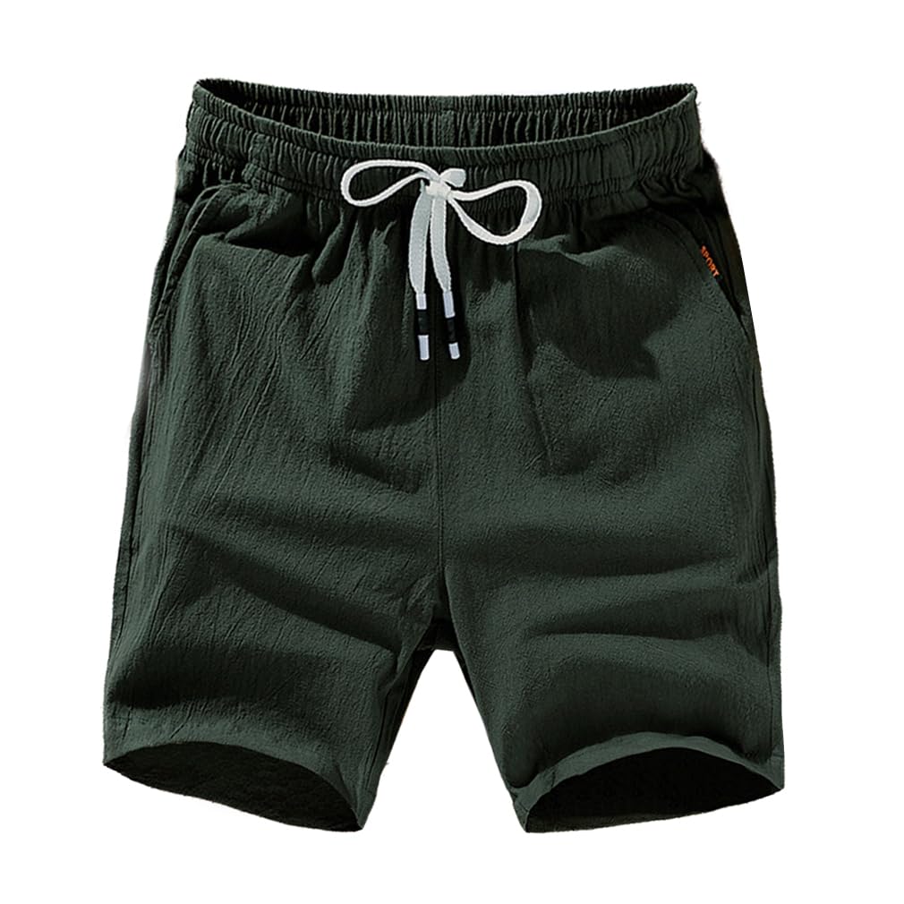 Męskie bawełniane lniane szorty 13 cm wewnętrzne spodenki plażowe letnie lekkie, oddychające, miękkie, ciemnozielony, M