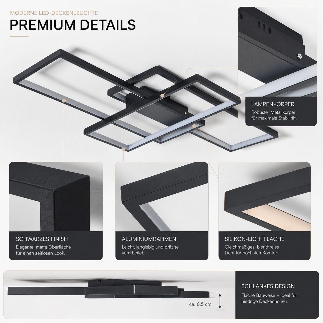 Geometrische LED Deckenleuchte, rechteckige Deckenlampe, Schwarz 80cm, 55W 5500 lm, 3000K bis 6500K, dimmbar 10 bis 100 Prozent, mit Fernbedienung, für Wohnzimmer Schlafzimmer Flur Büro, Deckenmontage