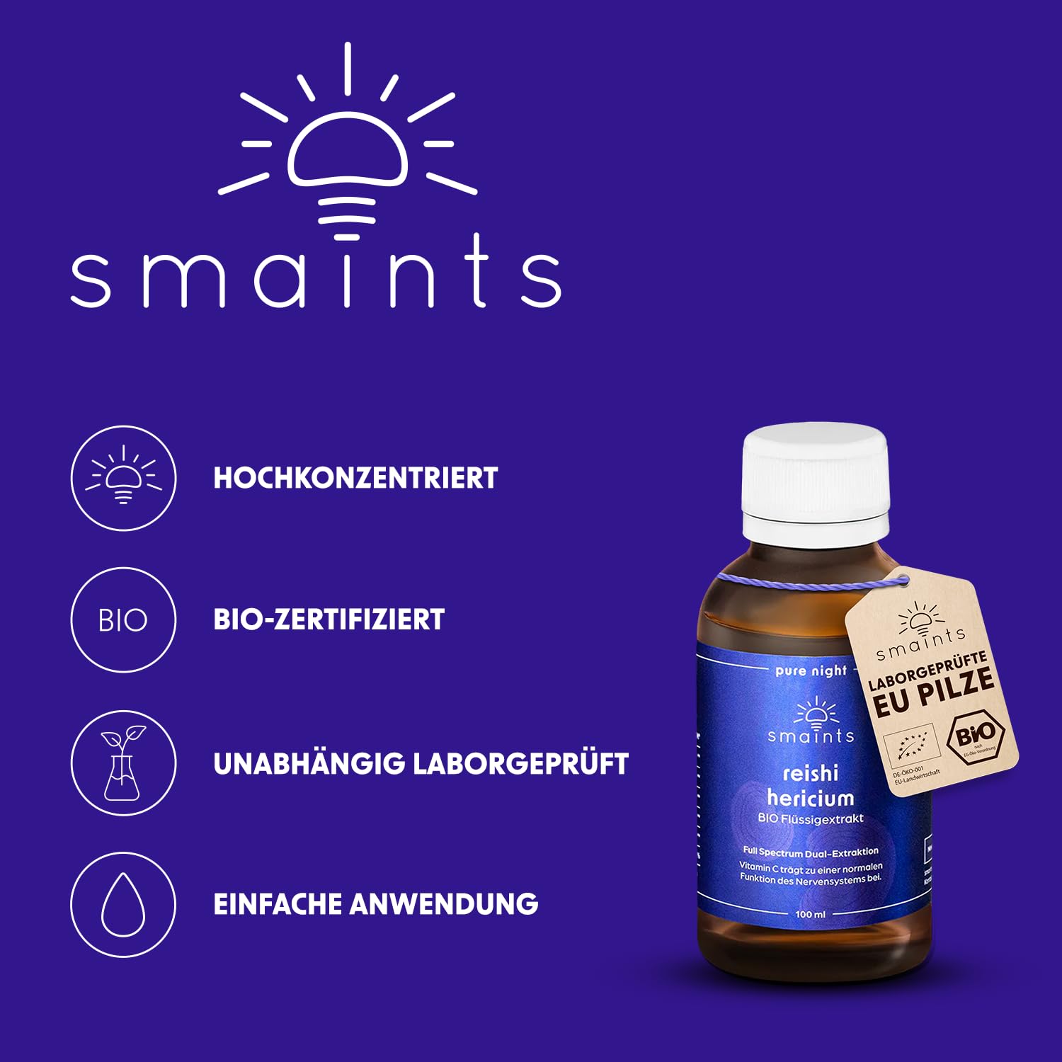 smaints Bio Reishi & Hericium Flüssigextrakt | Bio-Vitalpilz-Dualextrakt mit über 40% Polysacchariden | Hochdosiert maximale Bioverfügbarkeit | Vitamin C zur Unterstützung des Nervensystems* am Abend