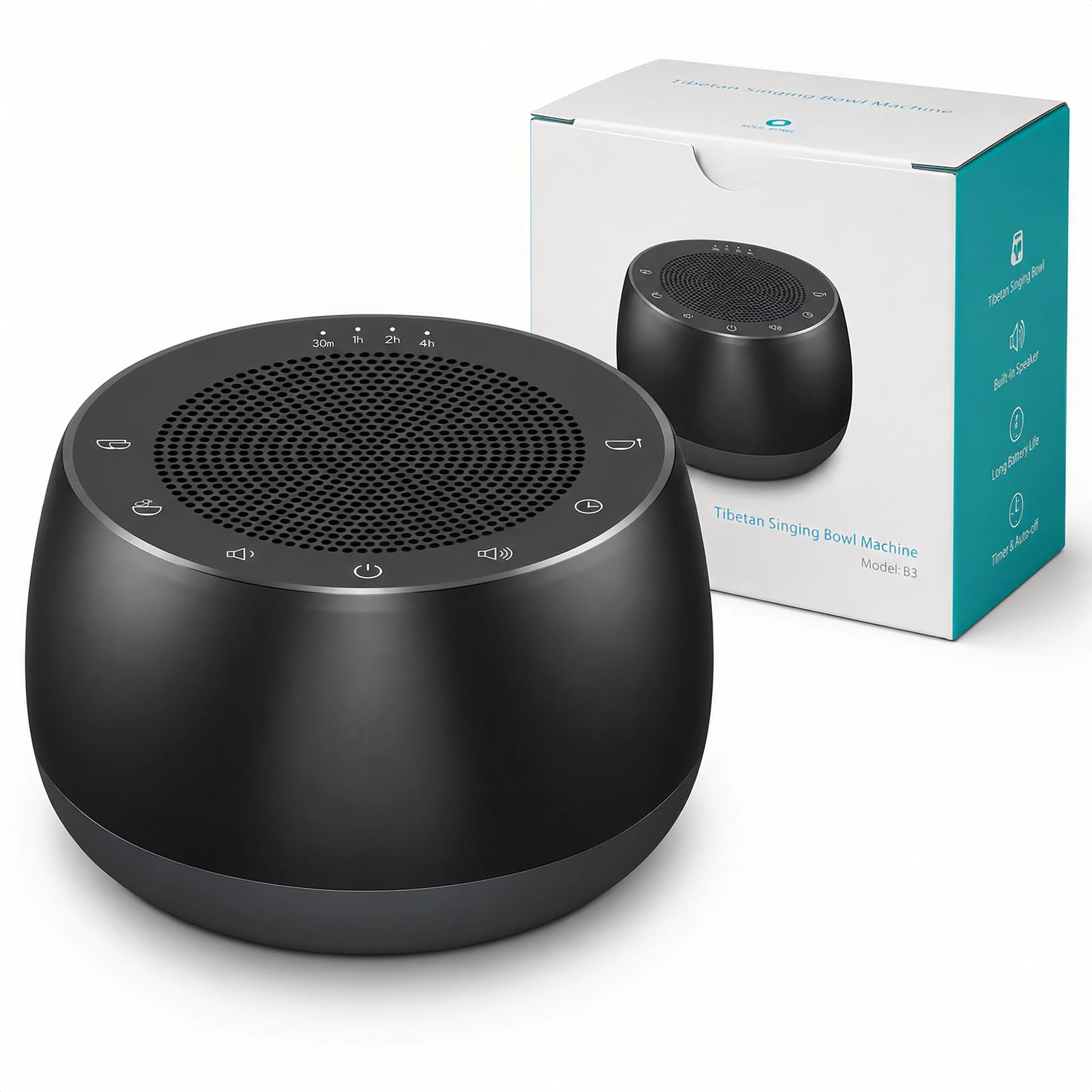 Bol Chantant Tibétain Électronique, Machine à Sons Sans Fil avec Minuterie, Accessoires Méditation pour Yoga & Sommeil, Appareil de Sonothérapie Portable pour Maison & Studio (Noir)