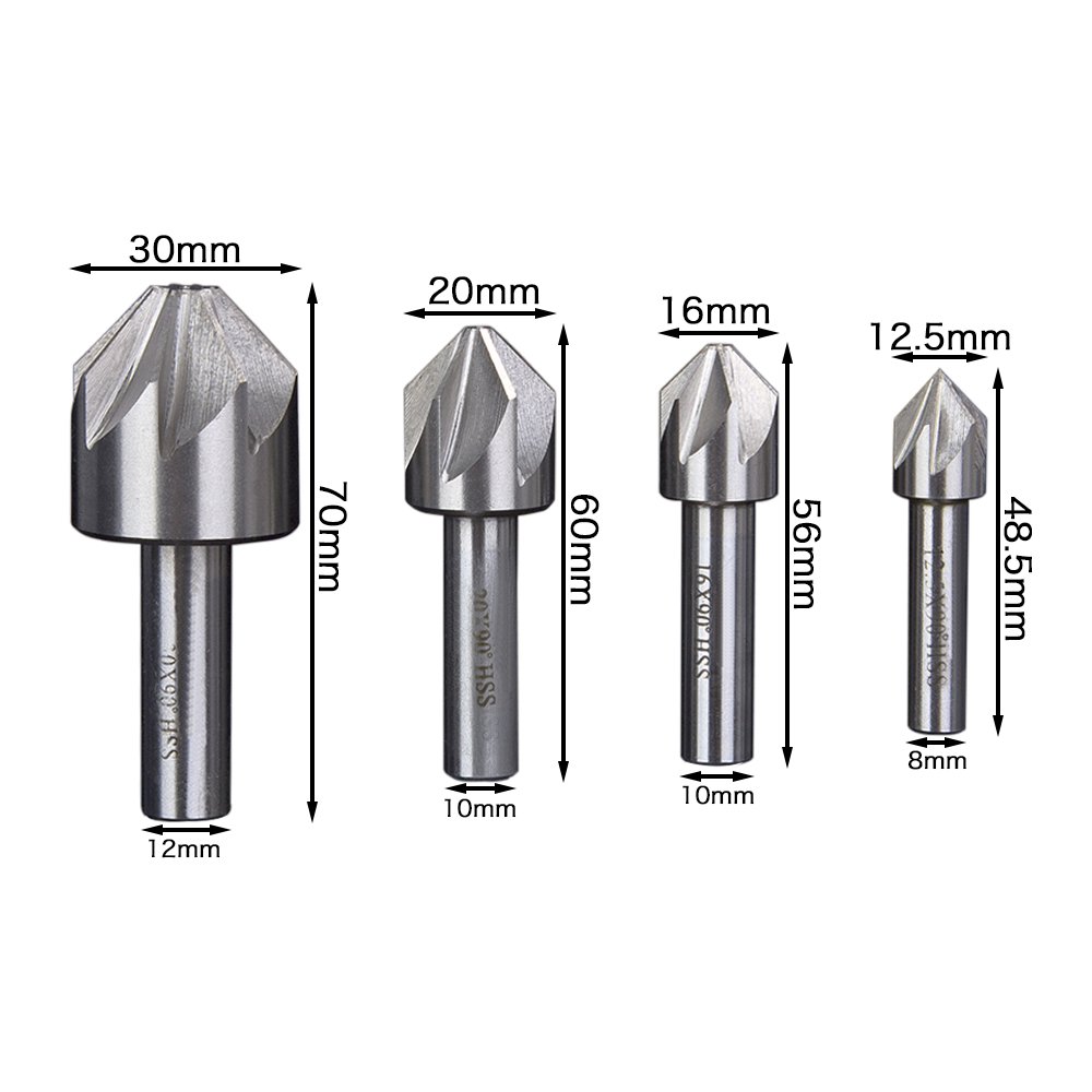 Taladro avellanador de metal Fresa de extremo for desbarbar y biselar, 60 grados, chaflán broca flauta 6/8, avellanador HSS 6/10/12,5/14/16/20/25/30mm(35mm)