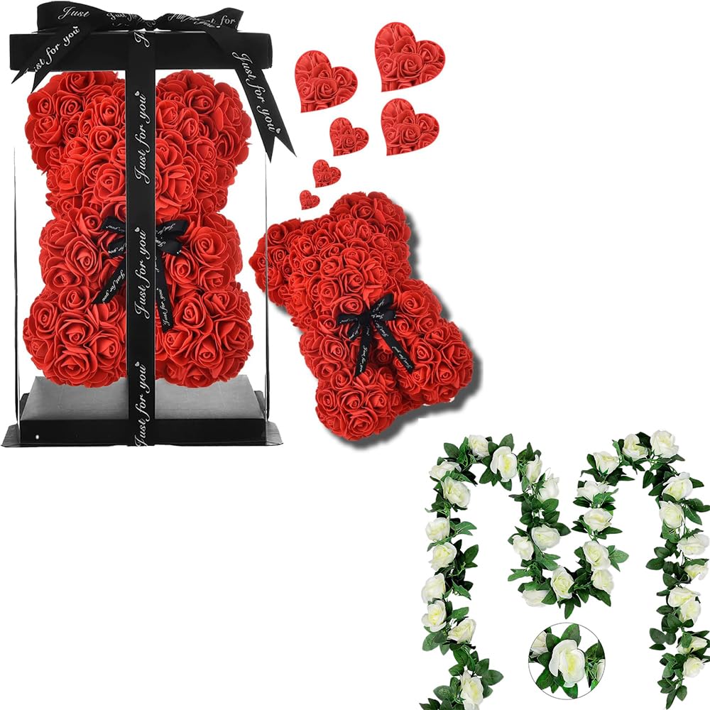 Fake Rose Garland, 7.5Ft Artificial Vines Flowers Hanging Rose Vine forfor Table Wedding Backdrop Arch Wall Party Mantle Festival Decor Rose Teddy Bear Mom Gifts