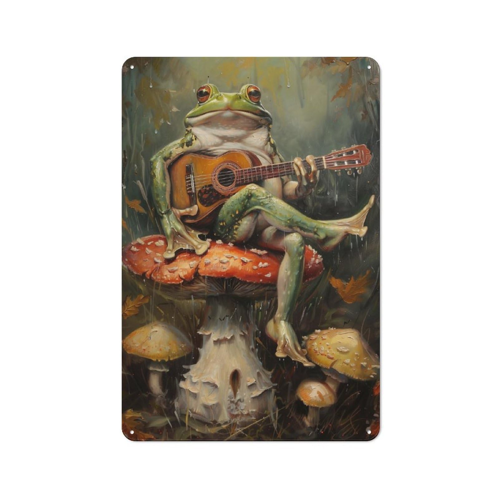 Junmoney Frog Guitar Music Mushroom Rustic Metal Sign With Design 30X20cm, Farmhouse Farmhouse Wall Decor For Dining Room, Cafe, Entryway Or Family Room