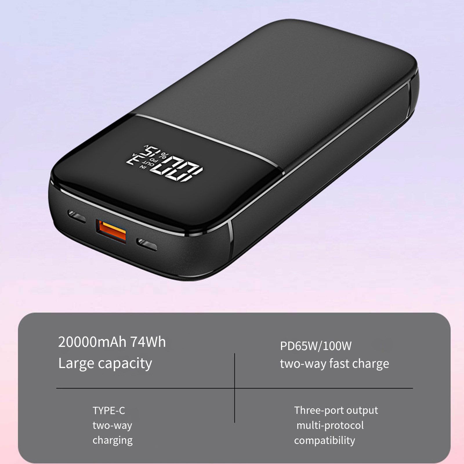 RIDAEX Pd65W Haute Puissance Charge Rapide 20000 Mah Grande capacité Batterie Externe pour Ordinateur Portable Banque d'alimentation Multi-Ports Portable,Black