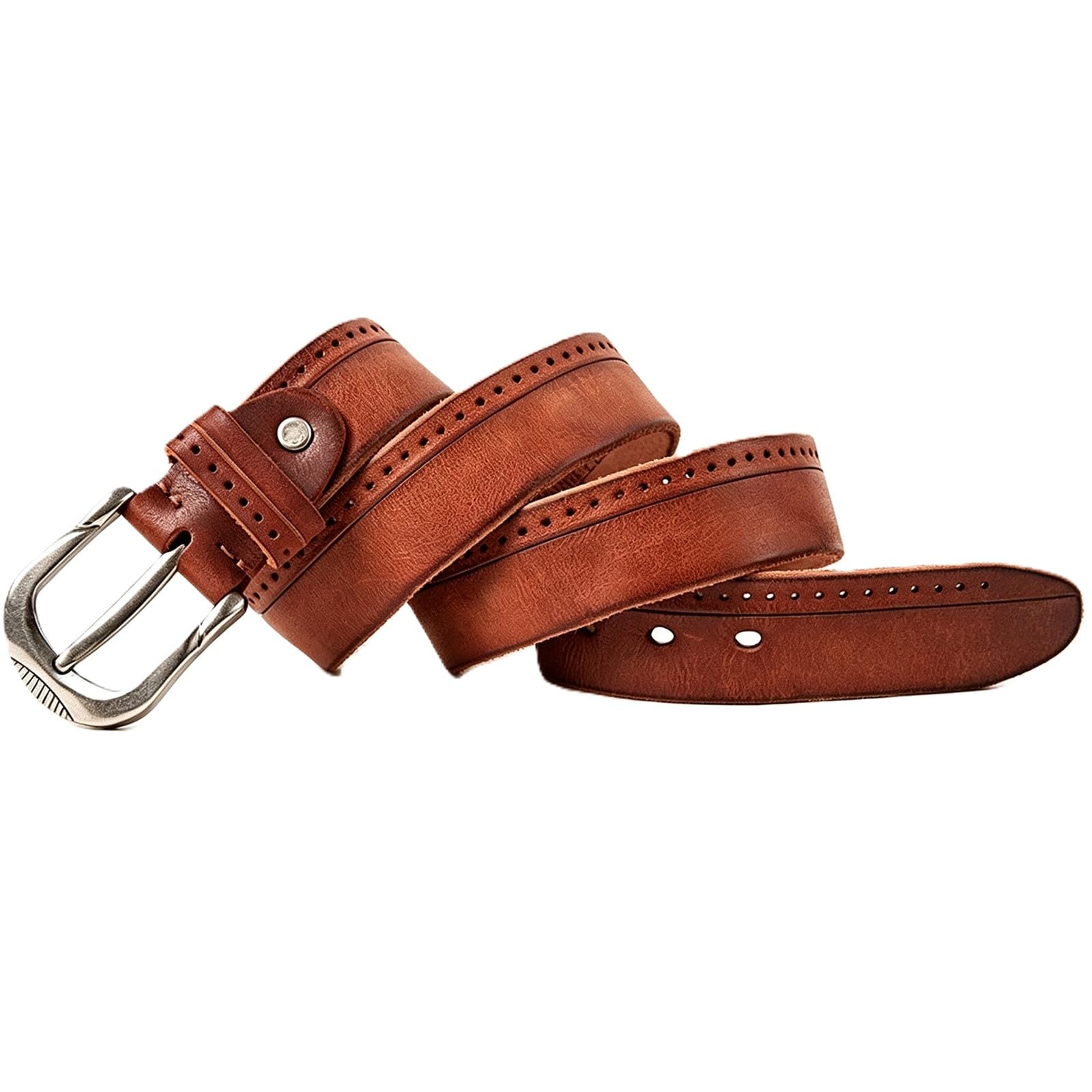 Agutalithic Men's Reddish Brown Wo Belt Distressed Strap-Full-Grain Leather, Durable Cowhide | Engraved Solid Buckle, Handmade, Daily Wear(120Cm/47, )