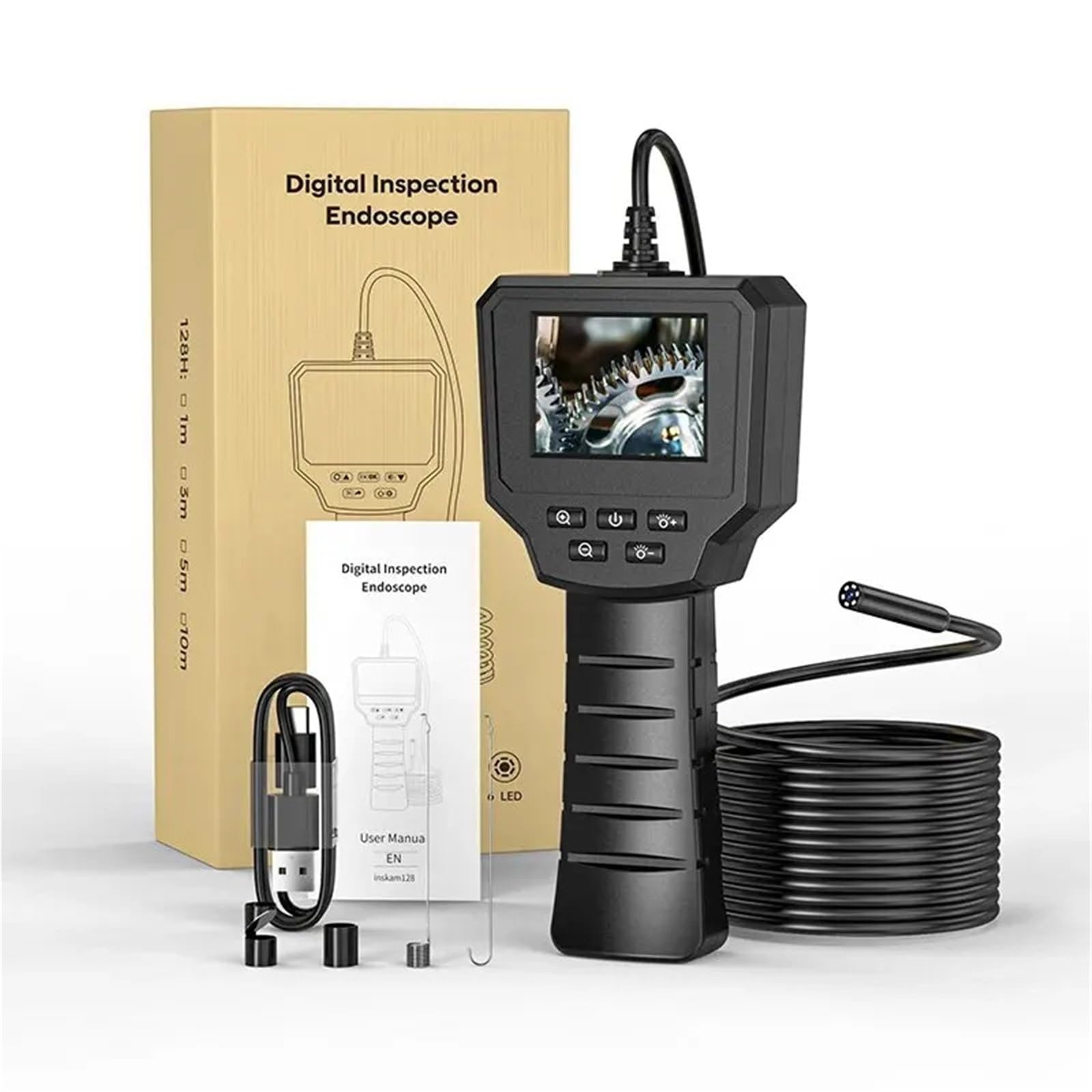 Industrial Endoscope Camera 2.4'' LCD Digital Handheld Borescope IP67 Waterproof HD1080P 8mm Pipe Sewer Semi-Rigid Cable(10m,128A Single Lens)
