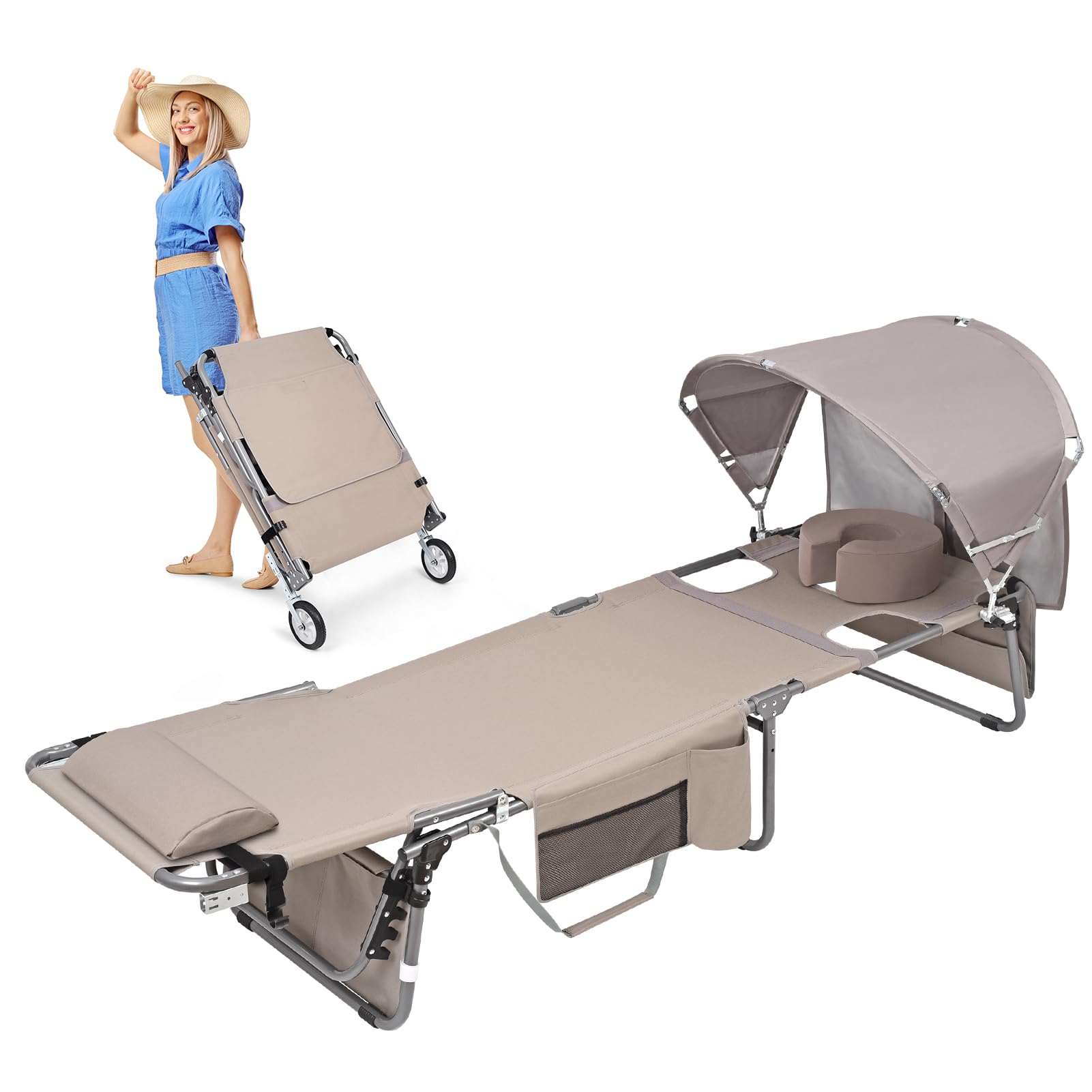 Wheel-To-Go Oversized Tanning Chair with Face Hole &amp; Wheels | Portable Heavy Duty Folding Lounge Chair | Outside Sunbathing Reading Relaxing Beach Poolside Lawn | XL Wide | 330 LBS (Patent Design)