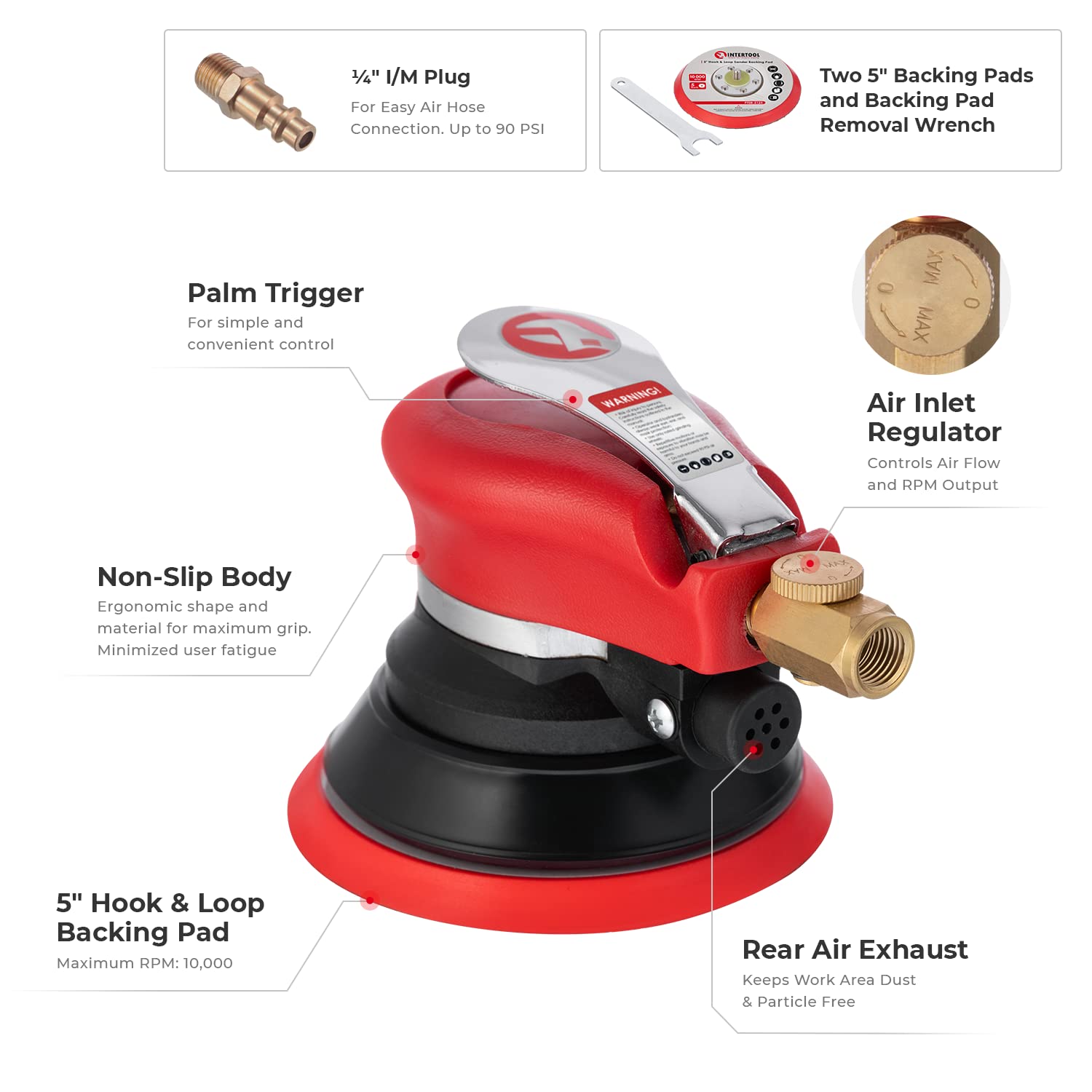 INTERTOOL Air Random Orbital Sander, 5-inch, Dual-Action Pneumatic Palm Sander, 3/16� Orbit, Swivel-Free, Variable Speed for Automotive Body and Woodworking PT08-1006