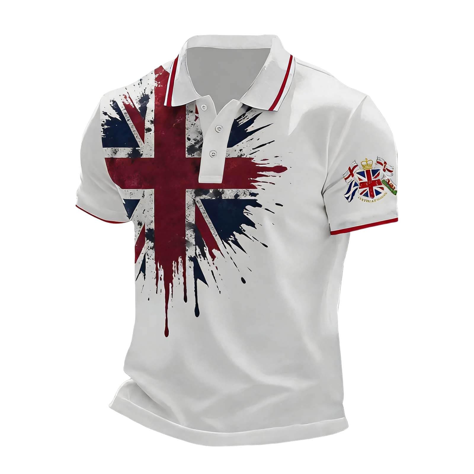 England Polo Shirts for Men Football 2026 Short Sleeve Collared Neck Great Britain Bunting Flags Print Union Jack T Shirt England Football Jersey Tops Breathable Fans Shirts (014-White, M)