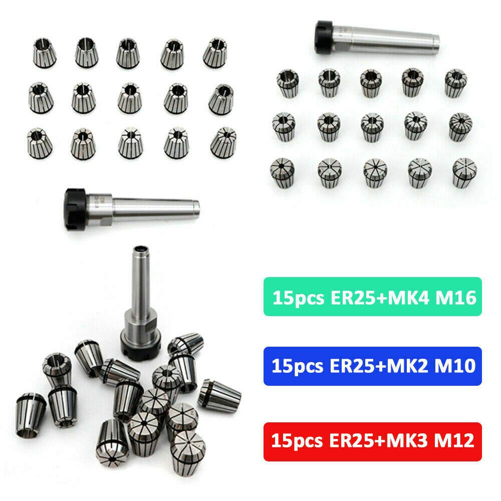 15 x zestaw tulejek zaciskowych uchwyt zaciskowy uchwyt zaciskowy z MK2 MK3 MK4 M10 M12 M16 ER25 zakres mocowania 2-16 mm (stożek: MK3)