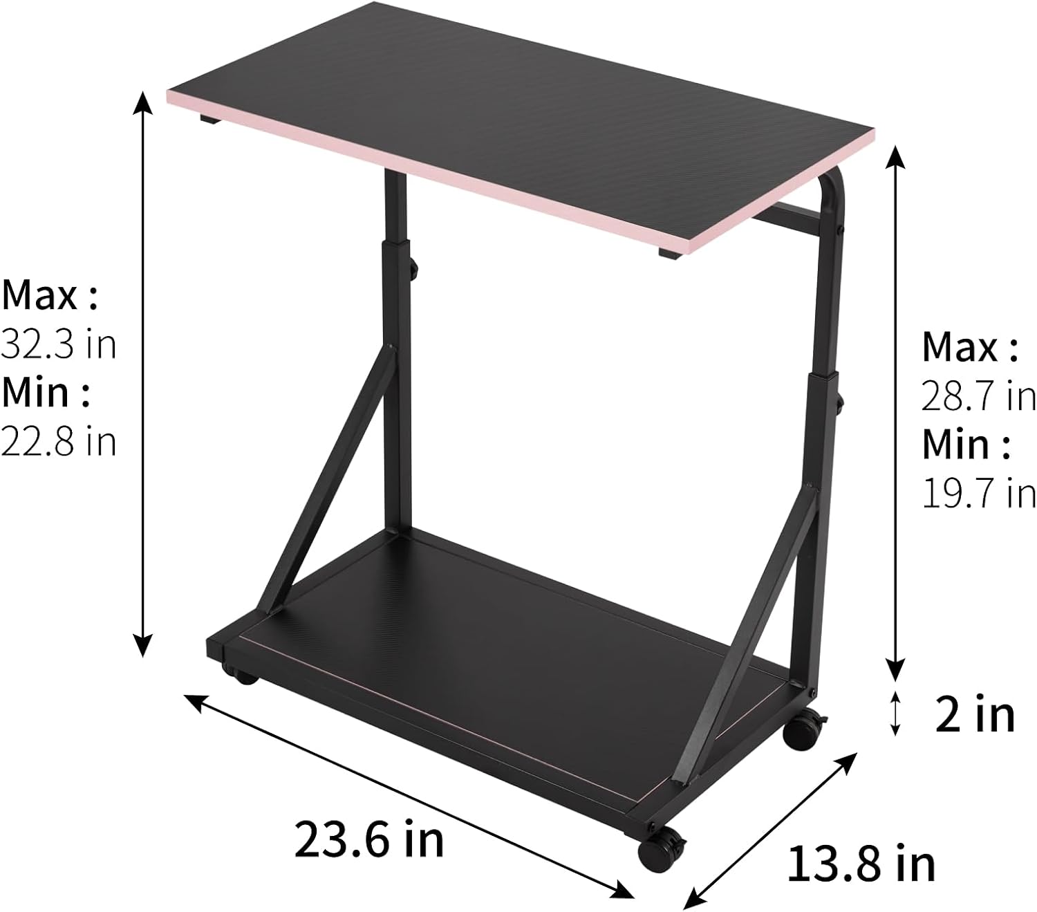Ergonomic Height Adjustable Computer Tower Stand, 2-Tier CPU Holder Cart Under Desk, PC Floor Stand for Office Gaming Room, Black and Pink