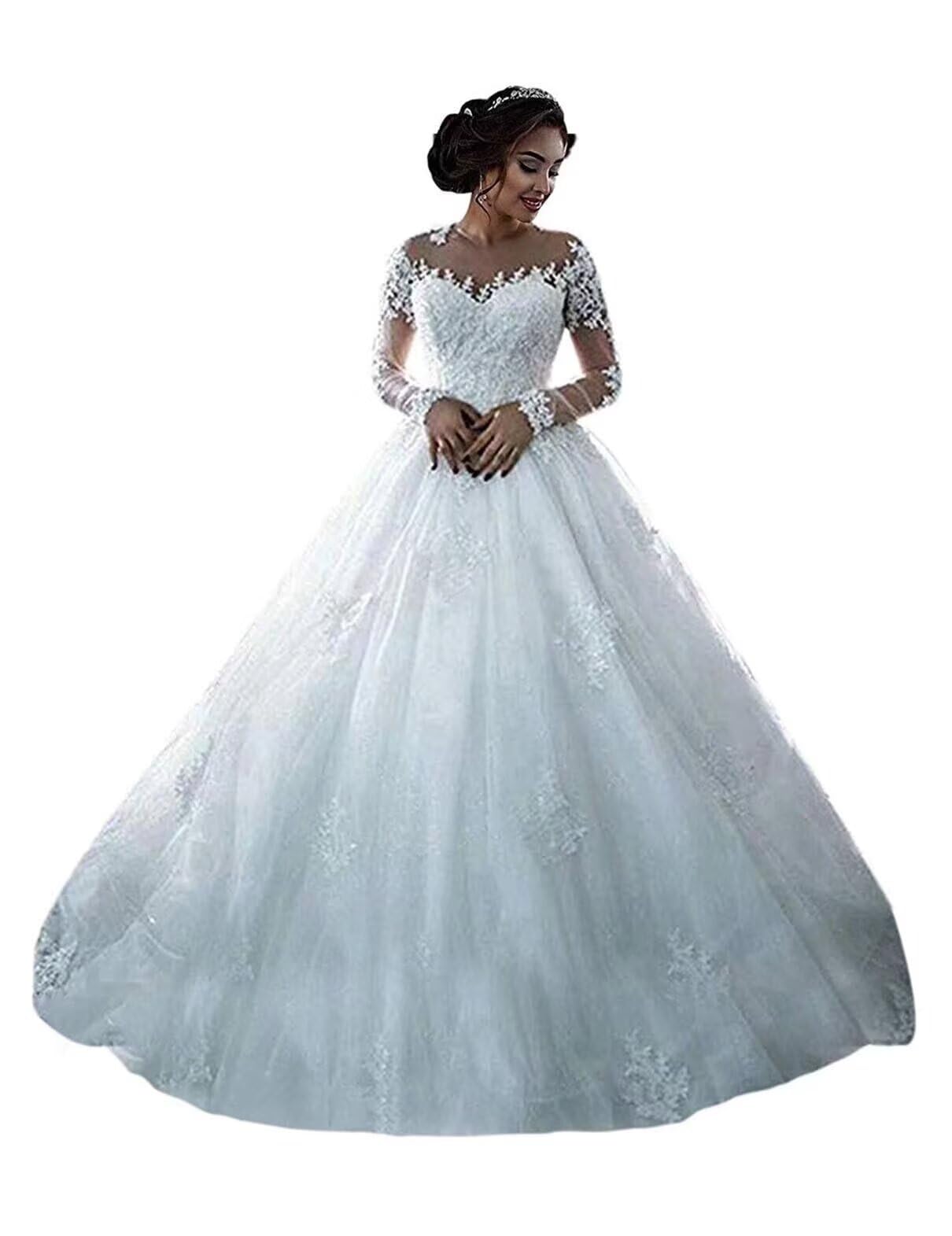 Boho Lace Wedding Dresses for Bride Long Sleeves Beach Tulle Bridal Dress with Train