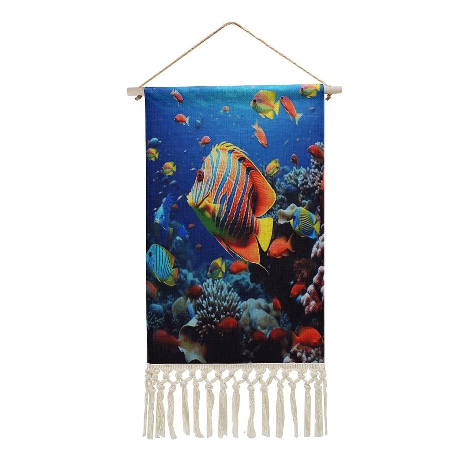 Adfgyerh Style Sea Fishes Tapestry With Tassels Cotton And Linen Hanging Posters, Wall Art For Travel Gift, Wall Tapestry For Office Home Decor Bedroom Living Room Decor