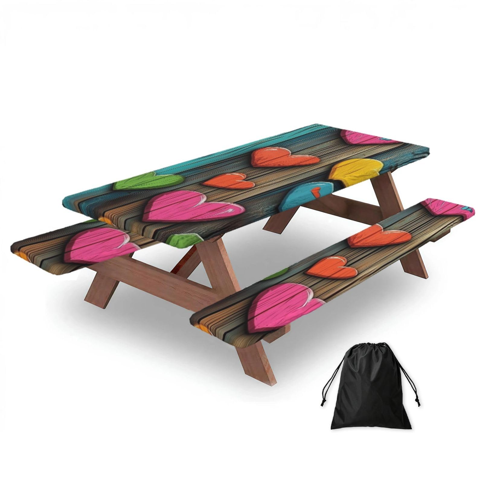 Housse de table de pique-nique avec housses de banc, 183 cm, motif cœurs colorés, vintage, imperméable, coupe-vent, avec bords élastiques, pour camping, terrasse