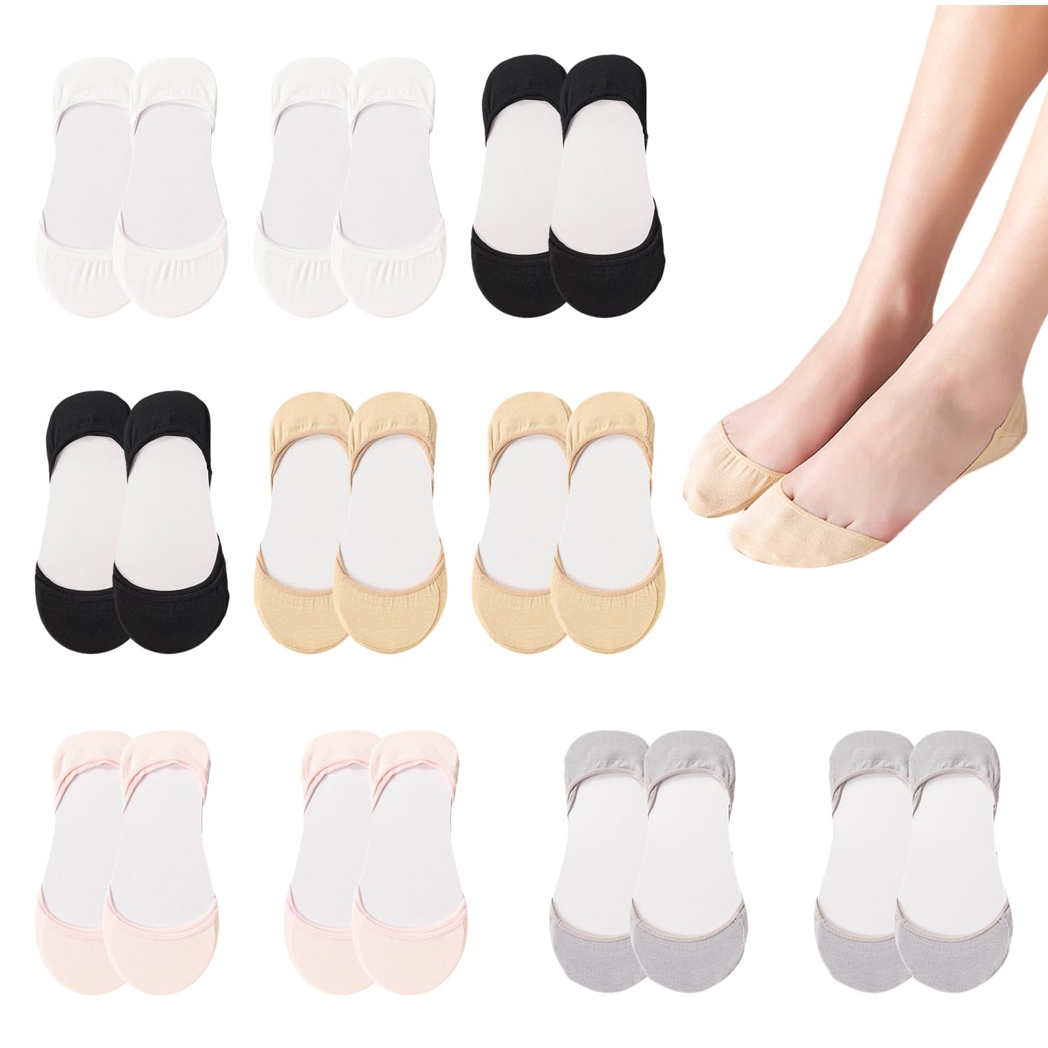EJUFNS 10 Pairs Of Women'S Invisible Socks, Cotton Shallow Mouth Boat Socks, Non-Slip Socks, Suitable For High Heels, Peas Shoes, Sports Shoes.