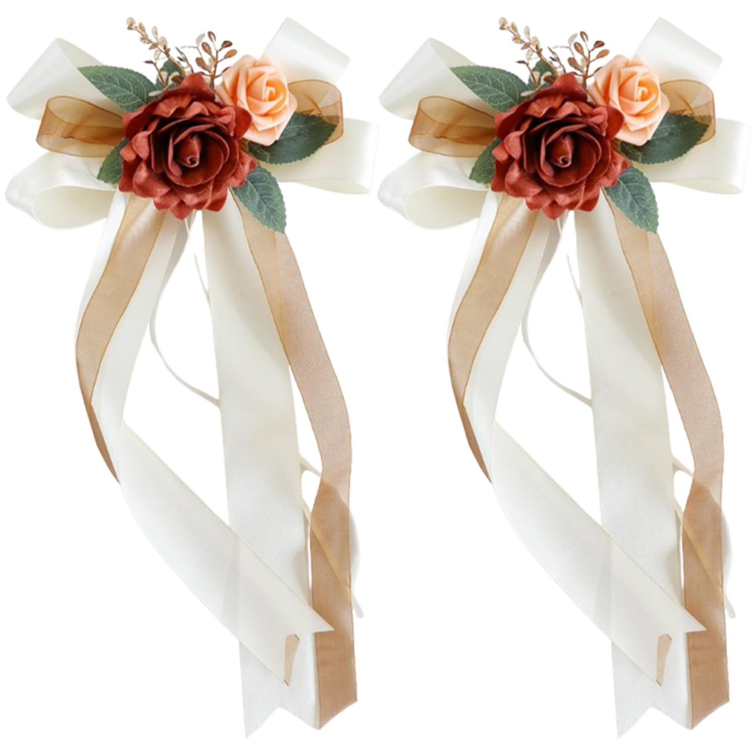 werdecade 2 Packs Decorative Flowers for Wedding Car Mirror,14 Inch Wedding Car Door Handle Bow Decorative Bouquet Supplier (Champagne)