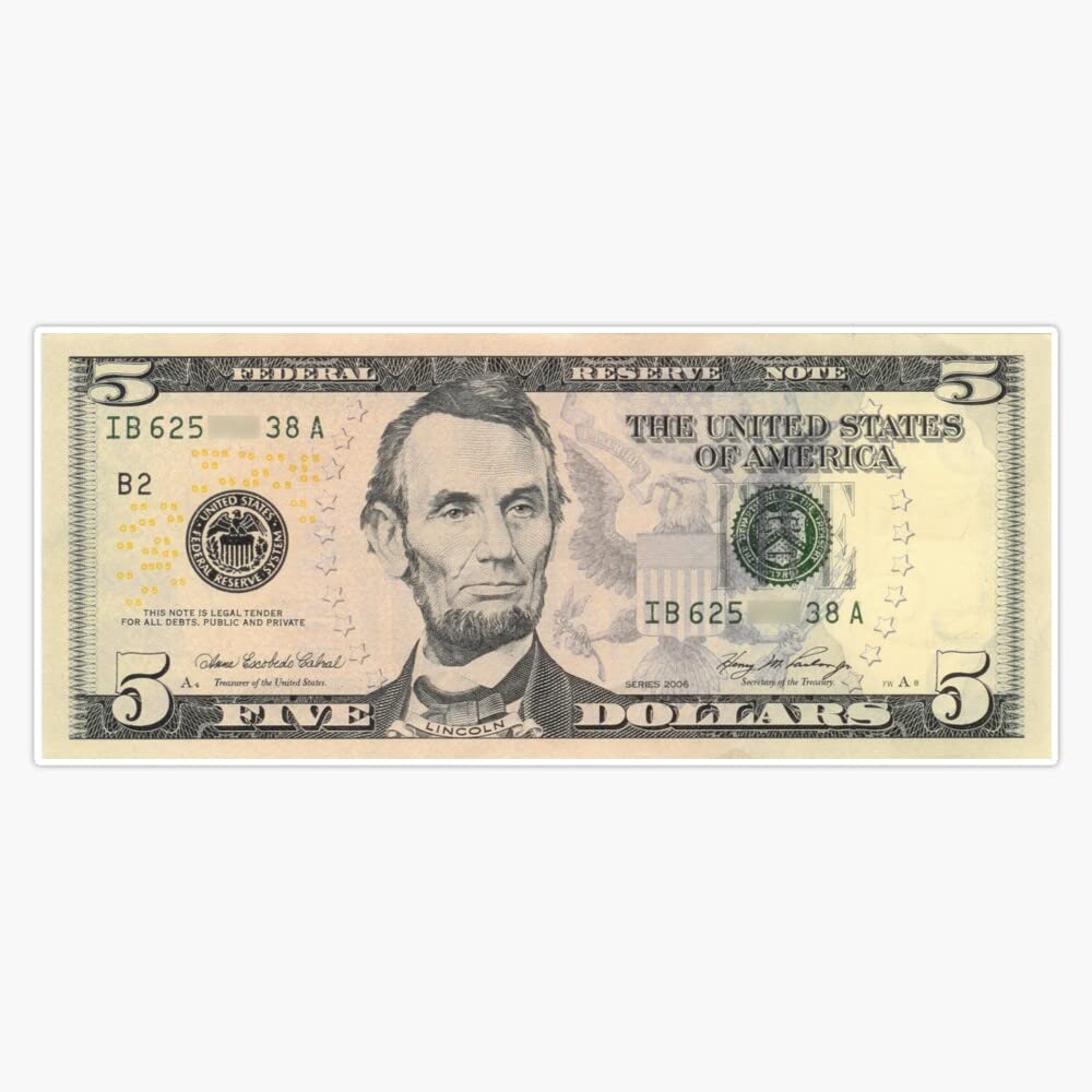 Amazon.com: 5 美元鈔票貼紙乙烯基防水貼紙汽車筆電牆壁窗戶保險桿貼紙5 英吋: 汽車