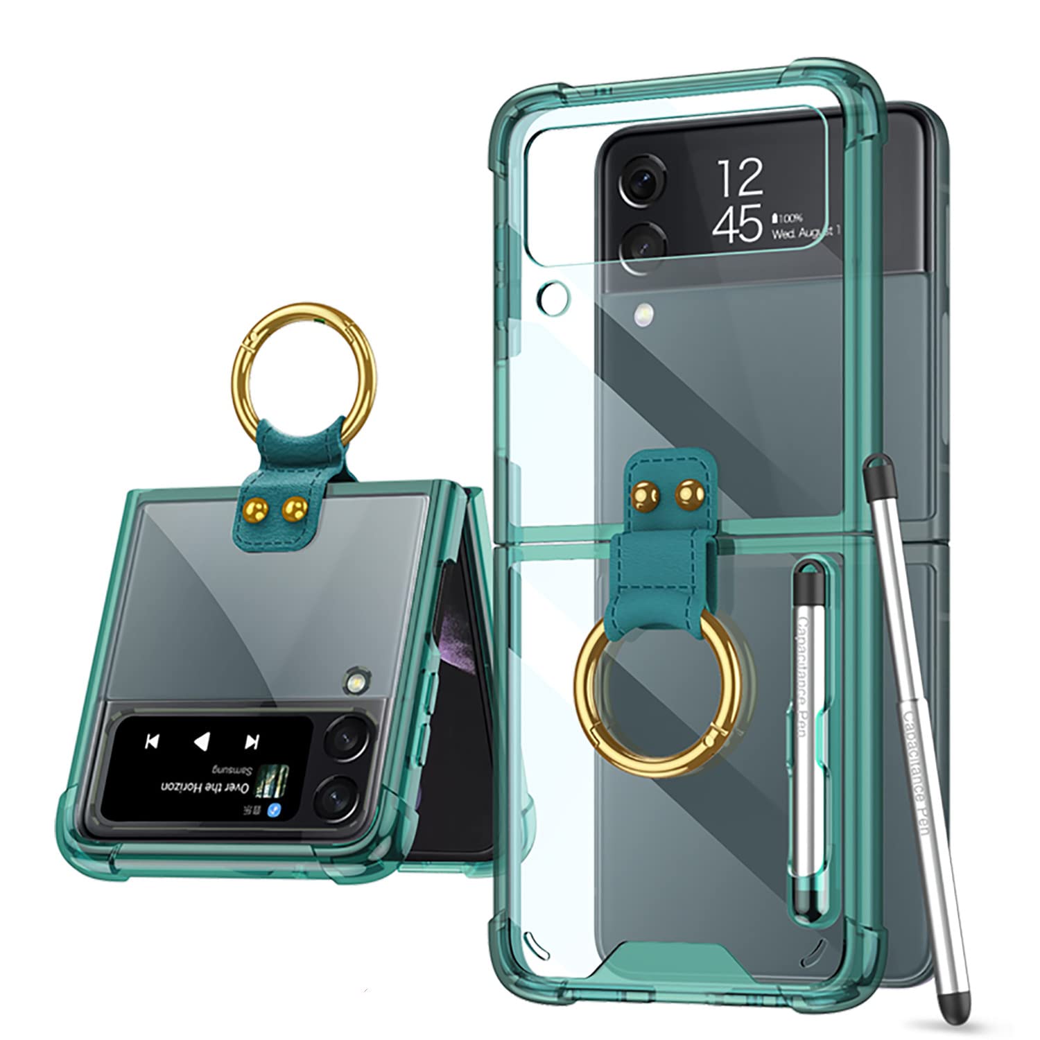 Galaxy Z Flip 3 Case with S Pen, Ring Holder+S Pen Holder+Kickstand, Ultra Thin z flip 3 Clear Case Transparent Shockproof Slim Hard PC Shell for Galaxy Z Flip 3 5G 2021 (Teal)