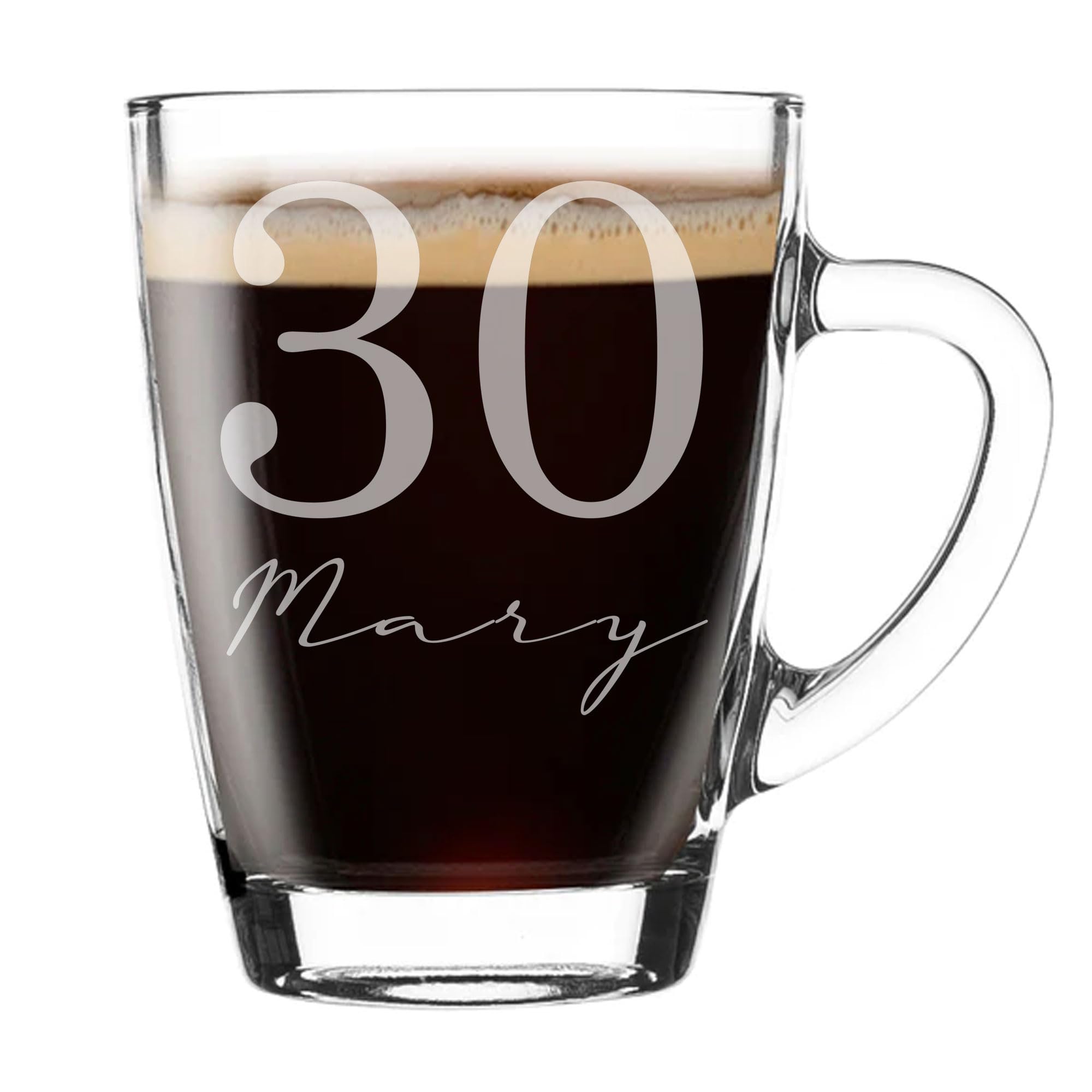 Always Looking Good Personalised 30th Birthday Glass Coffee Mug with Name – 300ml Personalised Mug for Women & Men, UK Engraved Gift for Birthday Presents, Unique Coffee Gift for him or her