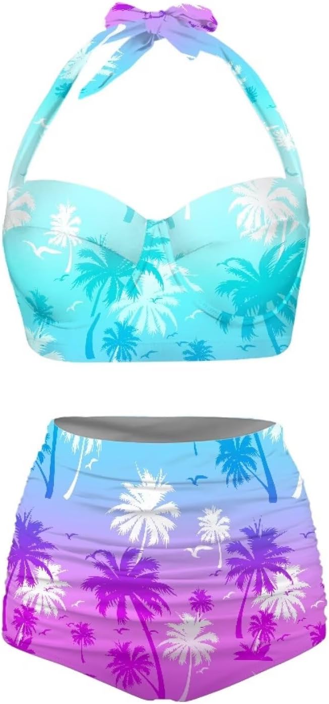 Womens High Waisted Halter Bikini Set Tummy Control Ruched Swimsuit Sexy 2 Piece Bathing Suits Size S-2XL