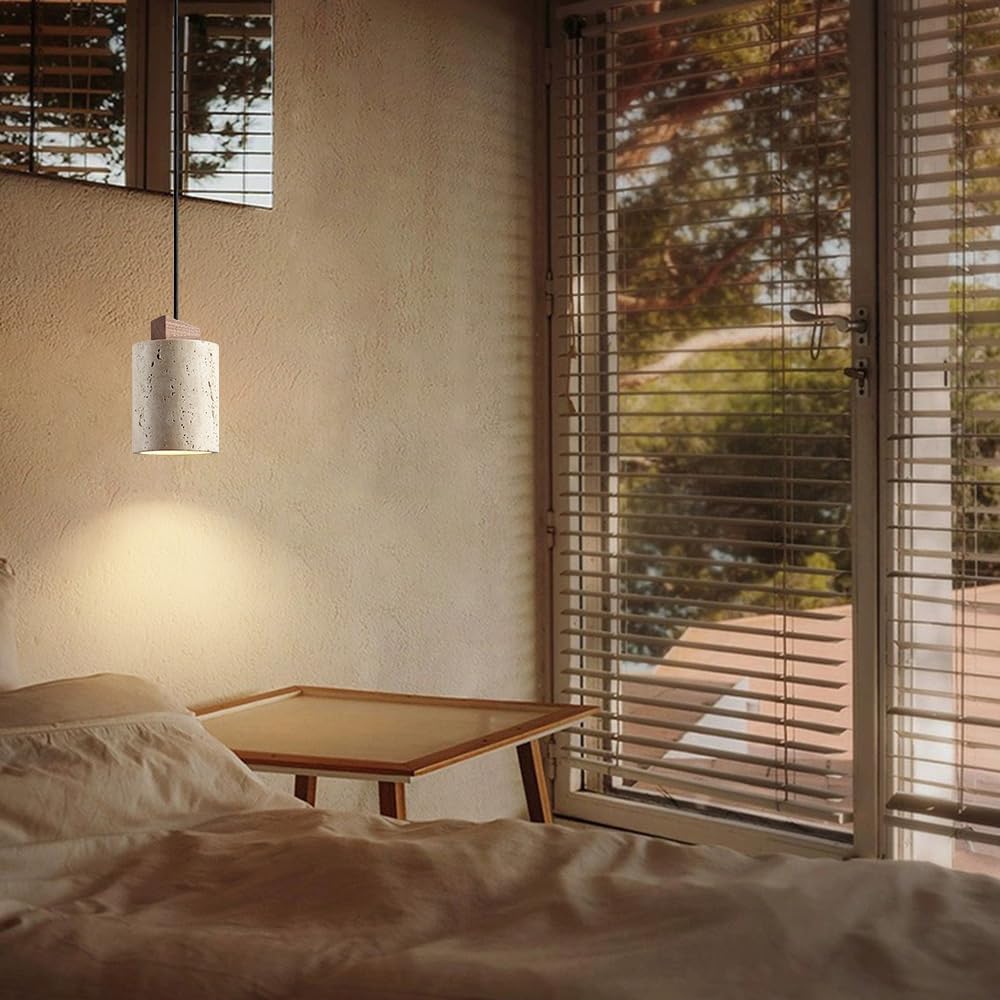 Nordic Wabi-Sabi Ceiling Light for Bedside, E27 Socket Cylindl Stchaner Farmhouse Travertine Droplight, Kitchen Island Dining Room Solid Wood Hanging Lamps (Brown)/Brown