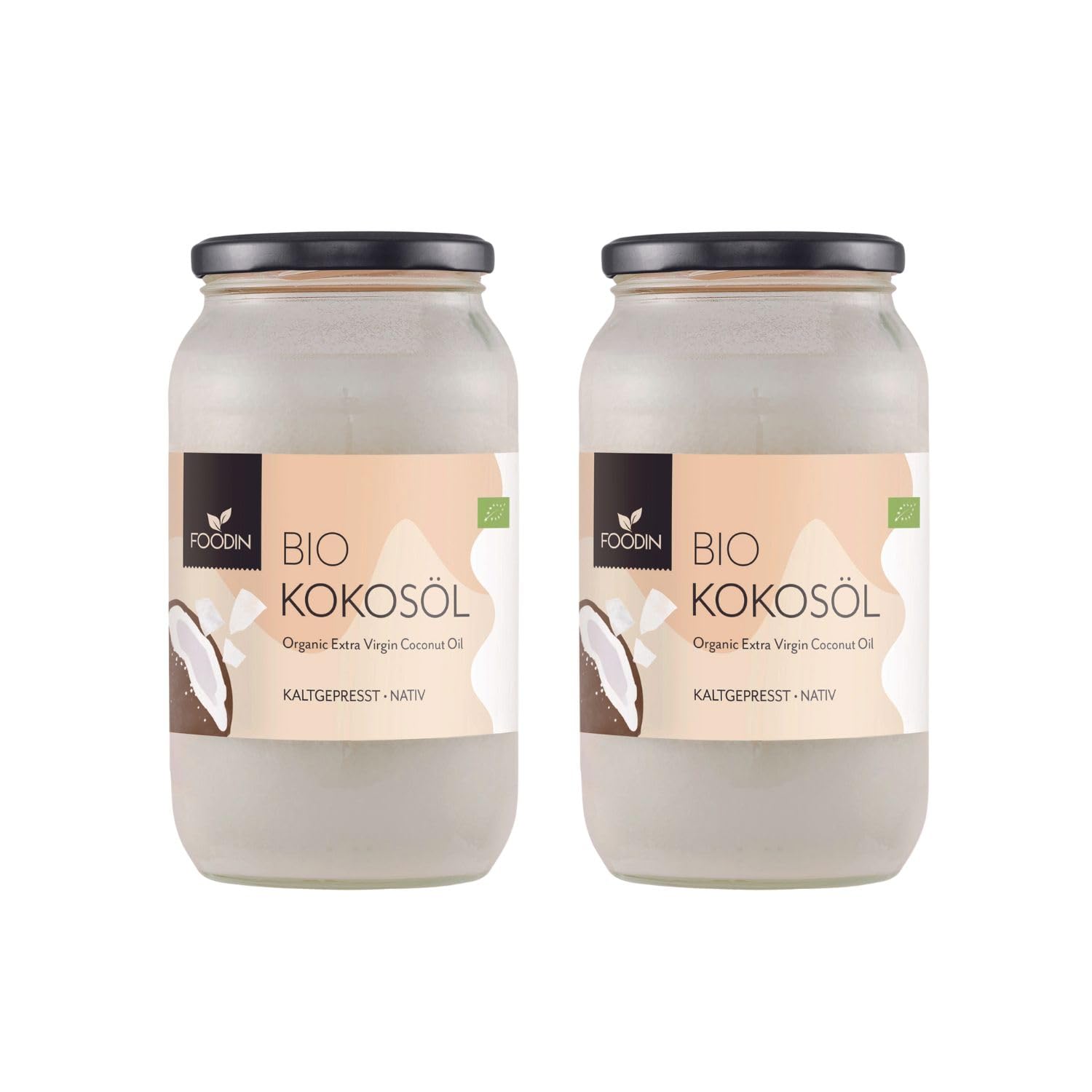 FOODIN Olio di Cocco Biologico Vergine - 100% Naturale e Puro, Ideale per Cucina, Frittura, Pasticceria e Cura di Pelle e Capelli, Spremuto a Freddo (1000 ml, Confezione da 2)