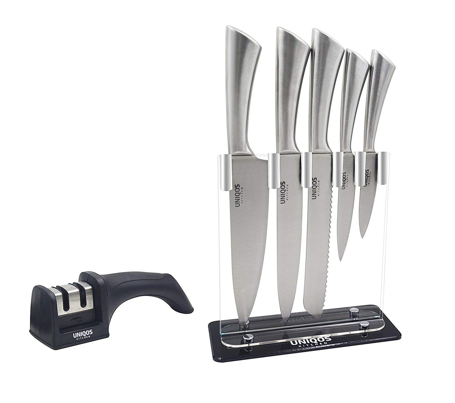 7 Piece Premium Quality Stainless Steel Knife Set (5 Knives plus Acrylic Stand) plus Two Stage Sharpener Bundle