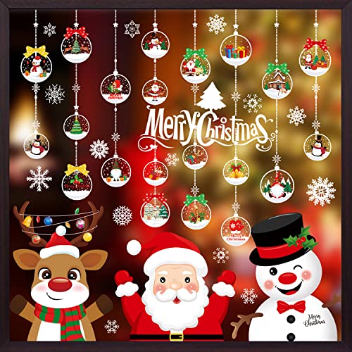 Stickers Noel, Decoration Noel Fenêtre Autocollant Noël Reutilisable,Double Face Amovibles DIY Fenêtres Stickers, Renne Père Noël Flocon de Neige PVC Stickers, 10 Feuilles,237Pcs, 20*30cm Cover