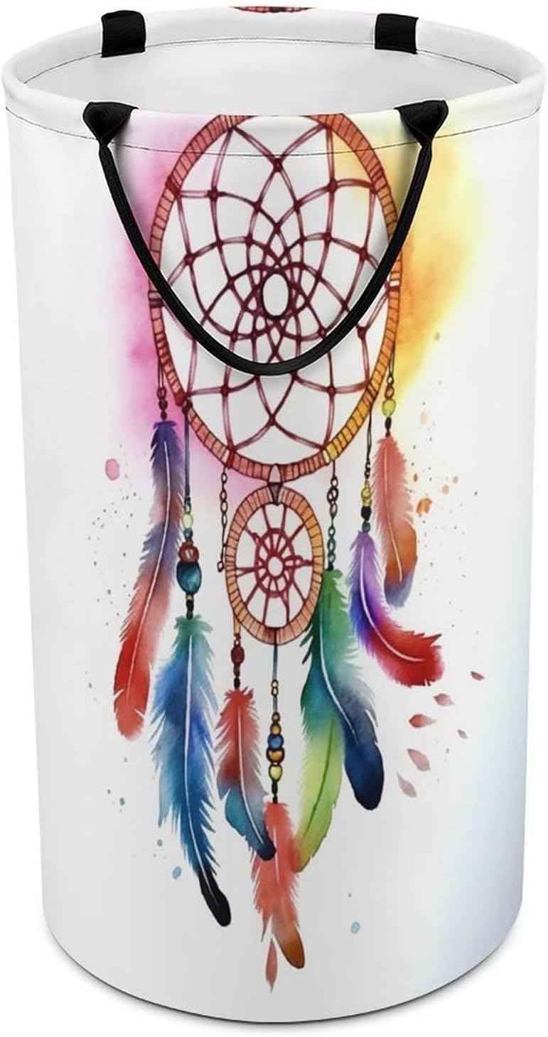 Watercolor Dream Catcher Laundry Basket Freestanding Laundry Hamper with Handles Waterproof Dirty Clothes Hamper Collapsible Washing Bin Aesthetic Clothes Basket for Bathroom Bedroom Dorm