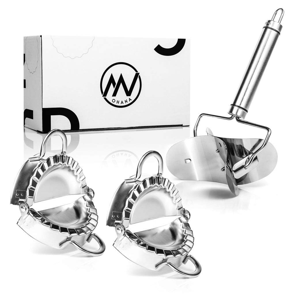 MNOhana 3 Pieces Stainless Steel Raviolli/Dumpling Maker, 1 Raviolli Skin Maker 2 Dumpling/Qatayef molds 9.5 cm Chinese Dumpling Cutter Pie Ravioli Empanadas Press Mold Kitchen Accessories