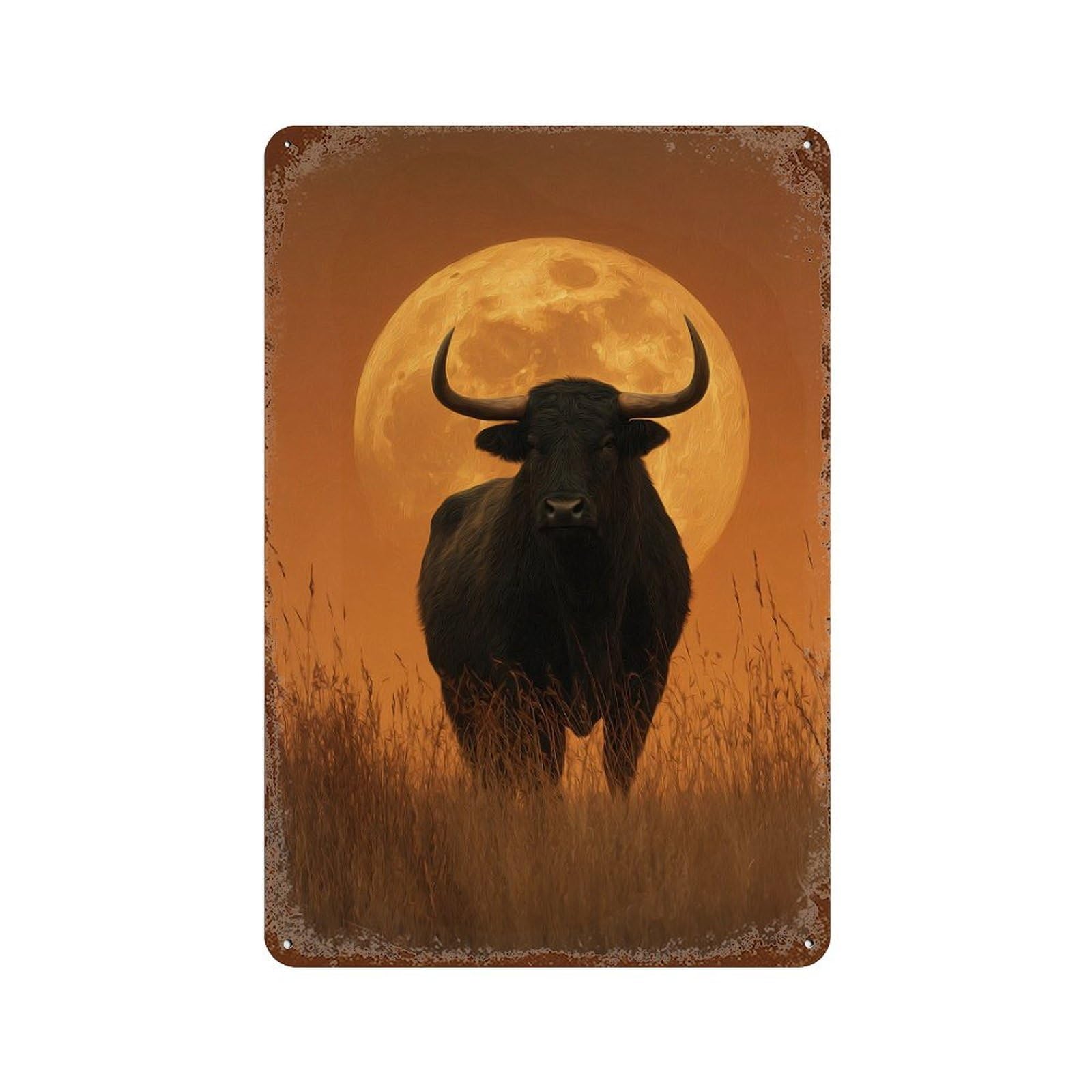 Full Moon Bull Painting Distressed Metal Wall Sign 11.8"x7.9", Ideal for Pub, Kitchen And Man Cave Decor
